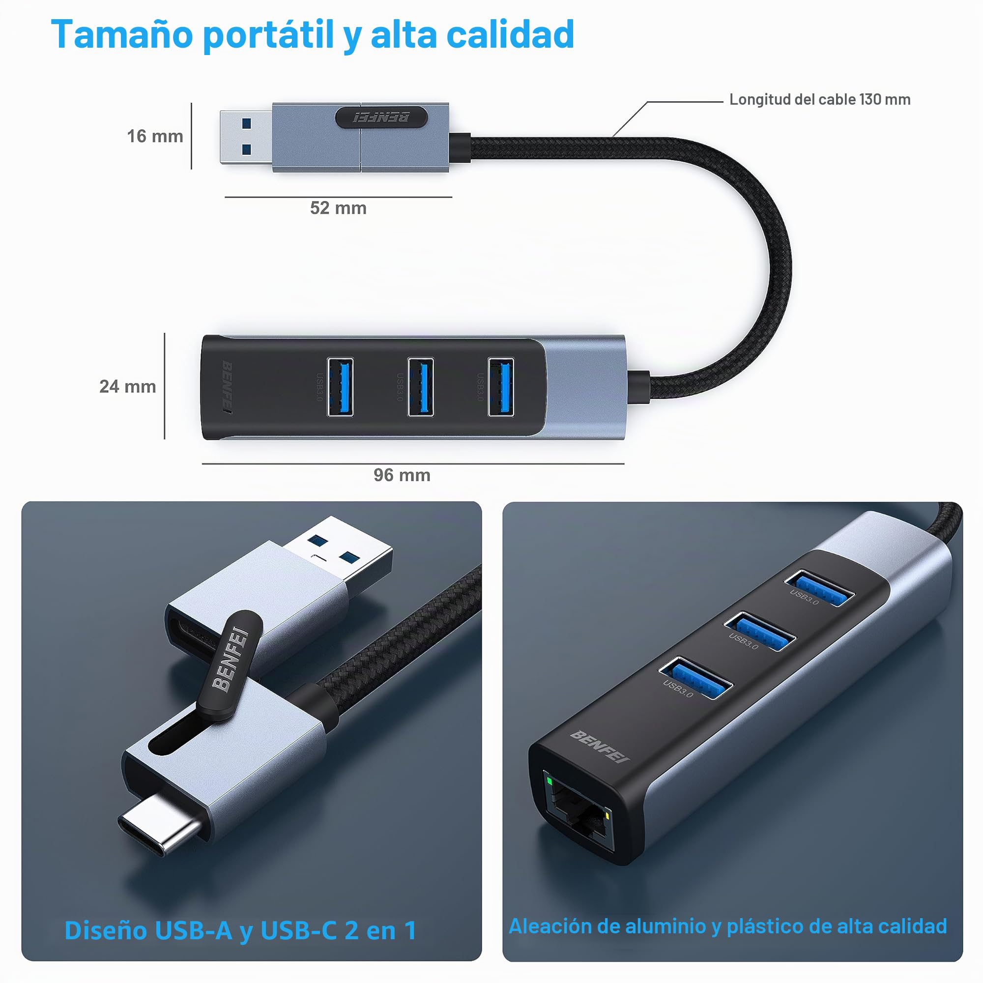 BENFEI Adaptador USB-C/USB 3.0 a Ethernet 2 en 1 con 3 Puertos USB 3.0 Compatible con iPhone Serie 15, MacBook Pro/Air 2023/2022/2021/2020/2019 y más