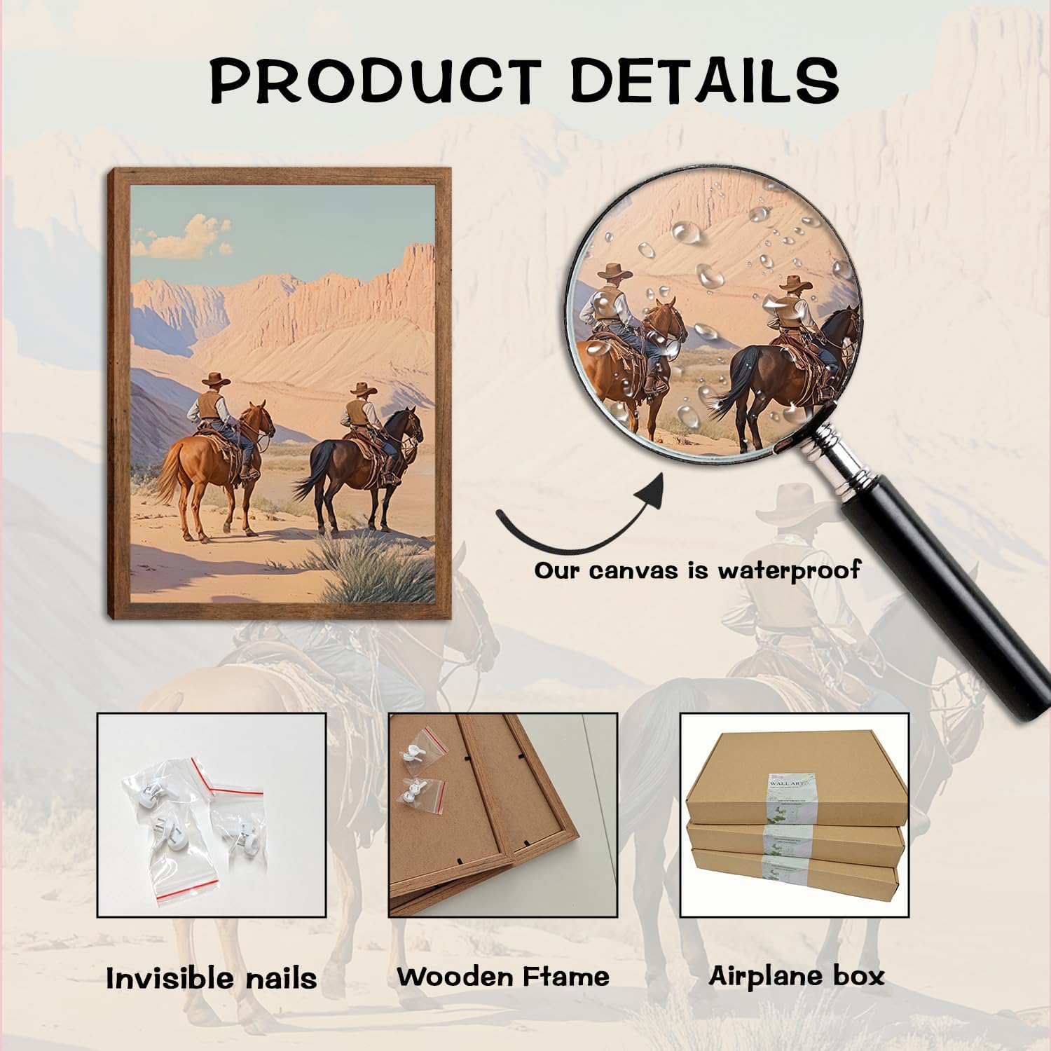 Vintage Western Cowboy Canvas Wall Art,Wild desert Horse Riding Wall Decor,Retro wilderness ranch Landscapes Posters Prints,Gift for Men & Women,Living Room Farmhouse Bedroom Home Decor 16x24in Framed