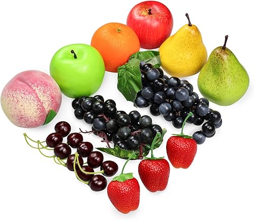 Miniatura 2 de Paquete de 16 frutas falsas, frutas artificiales para decoración de cocina y hogar, frutas para decoración de mesa de comedor, manzana, melocotón,