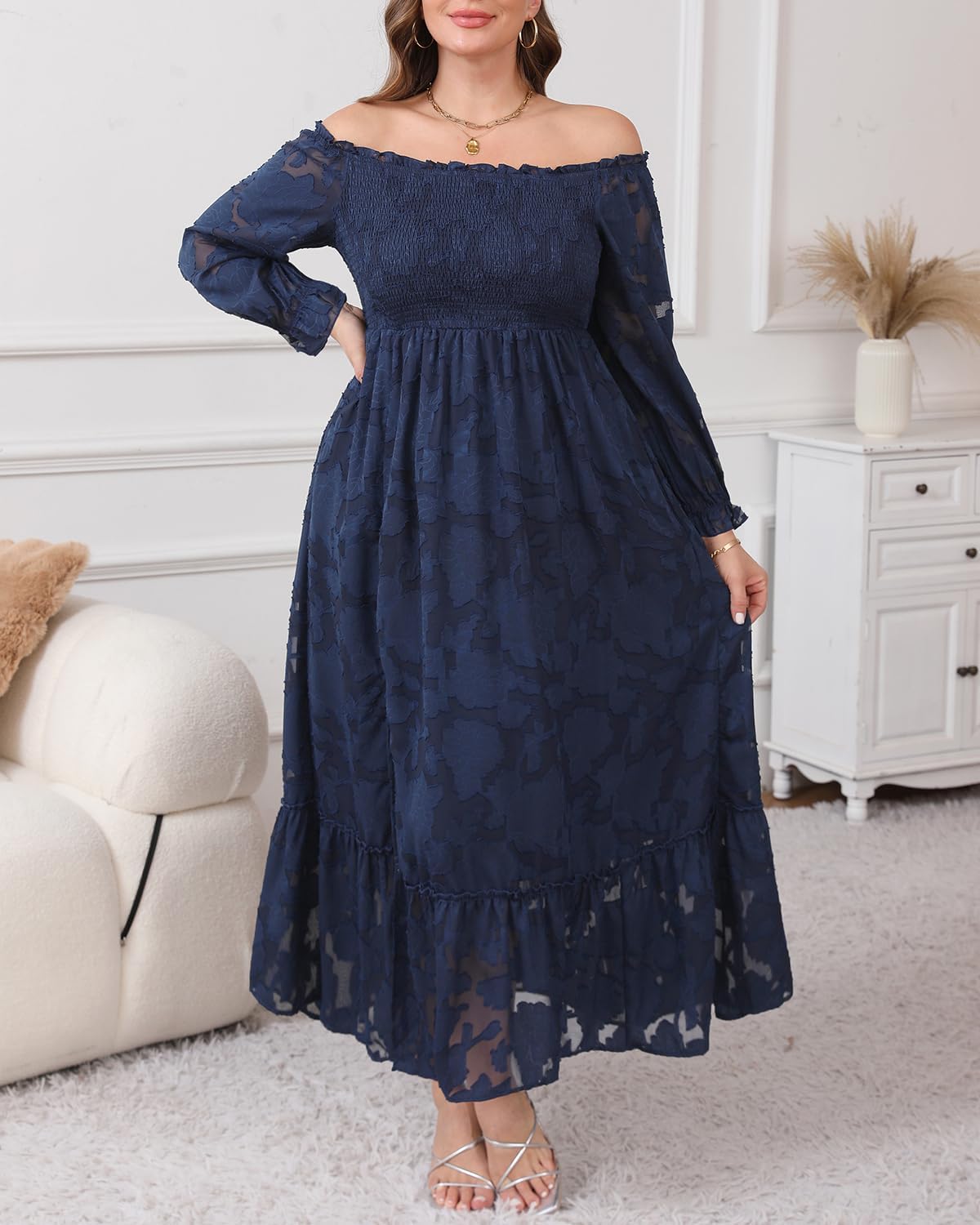 Plus Size Summer Dresses Sun - Maxi Boho Casual Off Shoulder Floral Lace Long Dress with Pockets