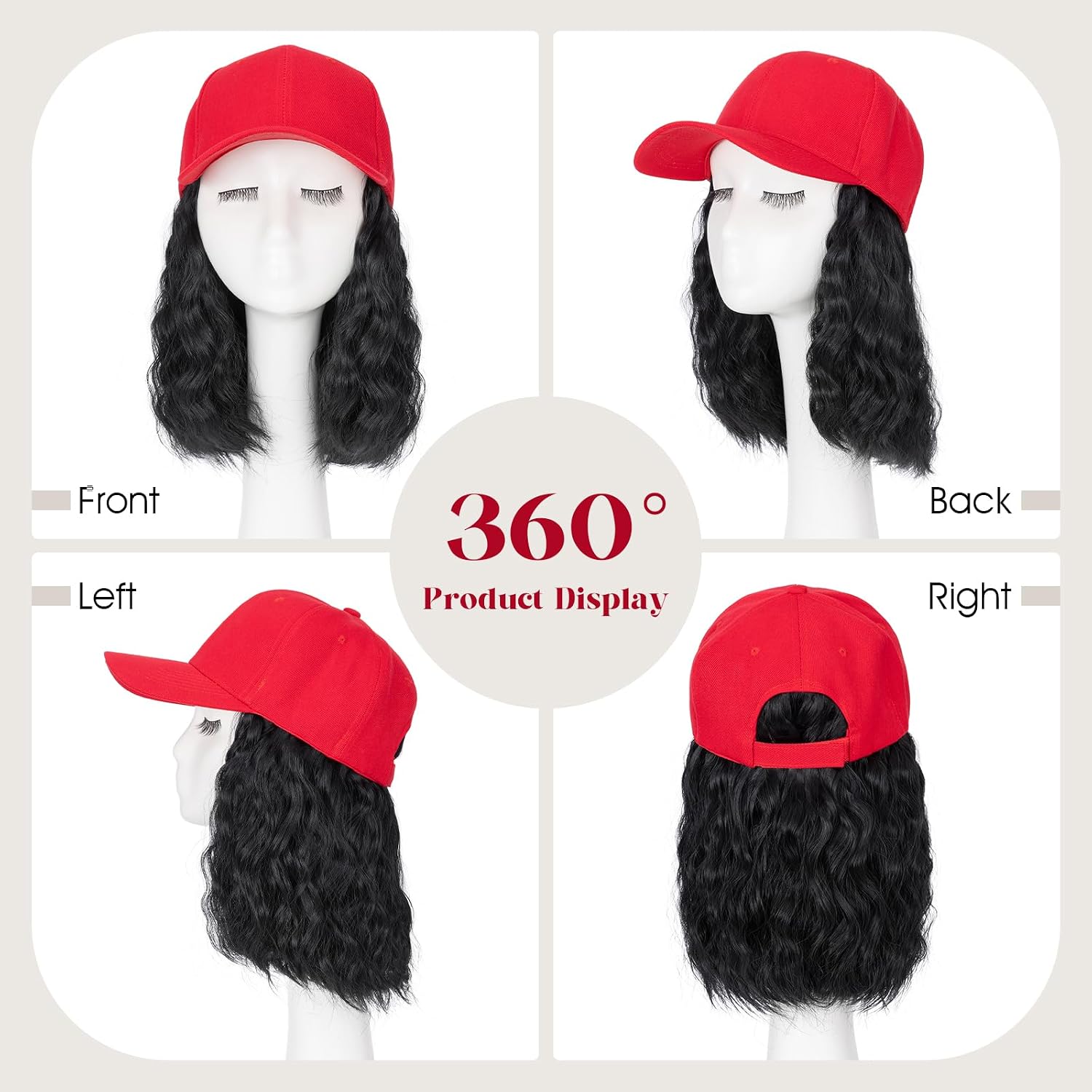 TESS Red Hat Wig for Women,8 Inch Synthetic Short Wavy Hat Wig, Adjustable Baseball Cap with Hair Extensions Hat with Hair Attached for Daily Use #01