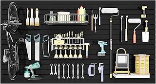 Slatwall Panel Wall Storage Systems, 4x8 ft Slat Wall Paneling Garage Wall Organizer with Six Hooks, Heavy Duty Wall Mounted PVC Wall Rack, Black