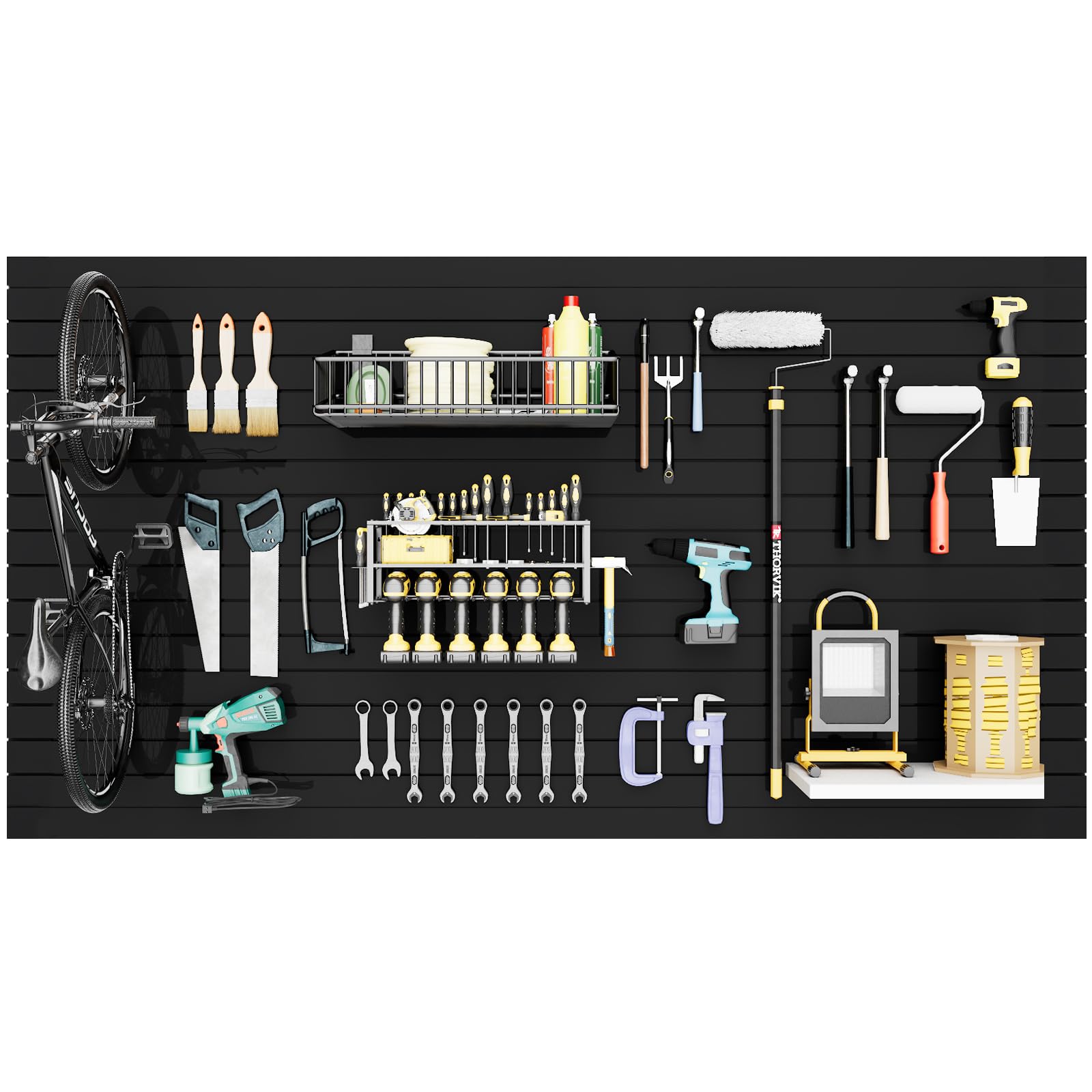 Slatwall Panel Wall Storage Systems, 4x8 ft Slat Wall Paneling Garage Wall Organizer with Six Hooks, Heavy Duty Wall Mounted PVC Wall Rack, Black