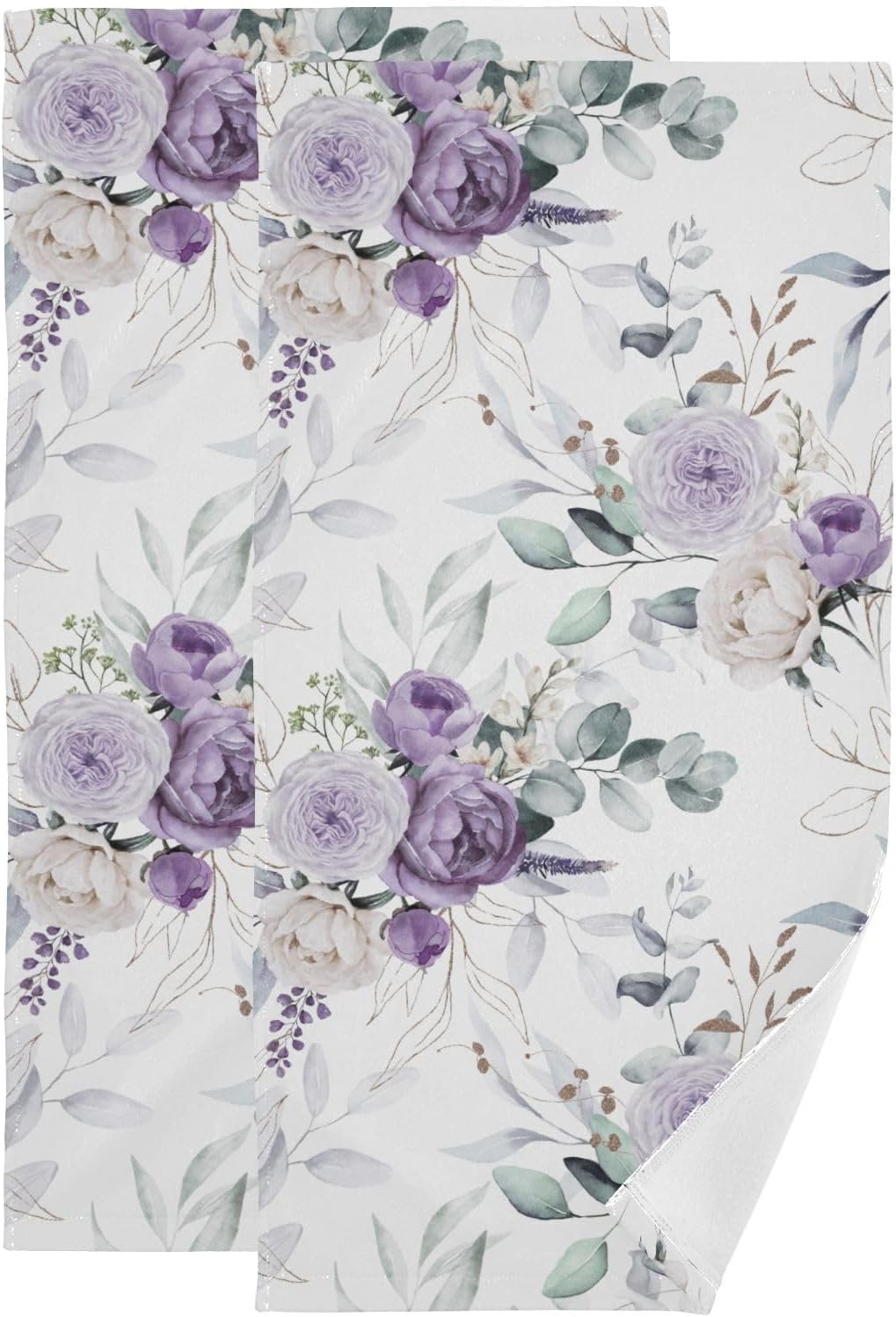 Purple Peony Rose Flower Hand Towels for Bathroom Set of 2 Microfiber Spring Green Eucalyptus Floral Leave Kitchen Dish Towels Decorative Bathroom Towels for Bath Face Guest Shower 14"x28"