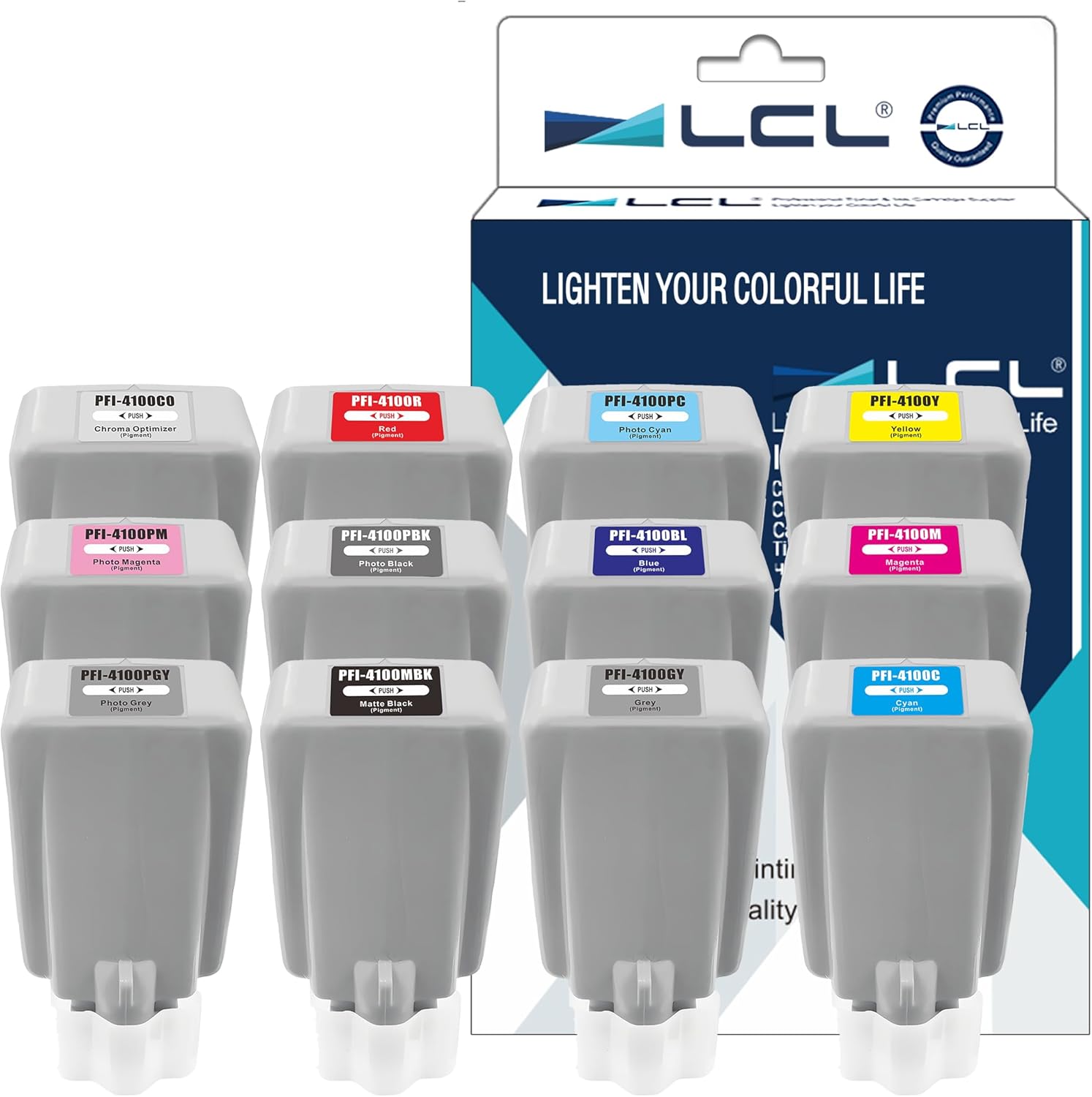 LCL PRO-1100 PFI4100 Ink Cartridge Replacement for Canon PFI-4100 Ink Cartridges Compatible with Canon imagePROGRAF PRO-1100 Printer Ink 12 Color Pack Pro1100 Ink (MBK PBK C M Y R GY B PGY PC PM CO)