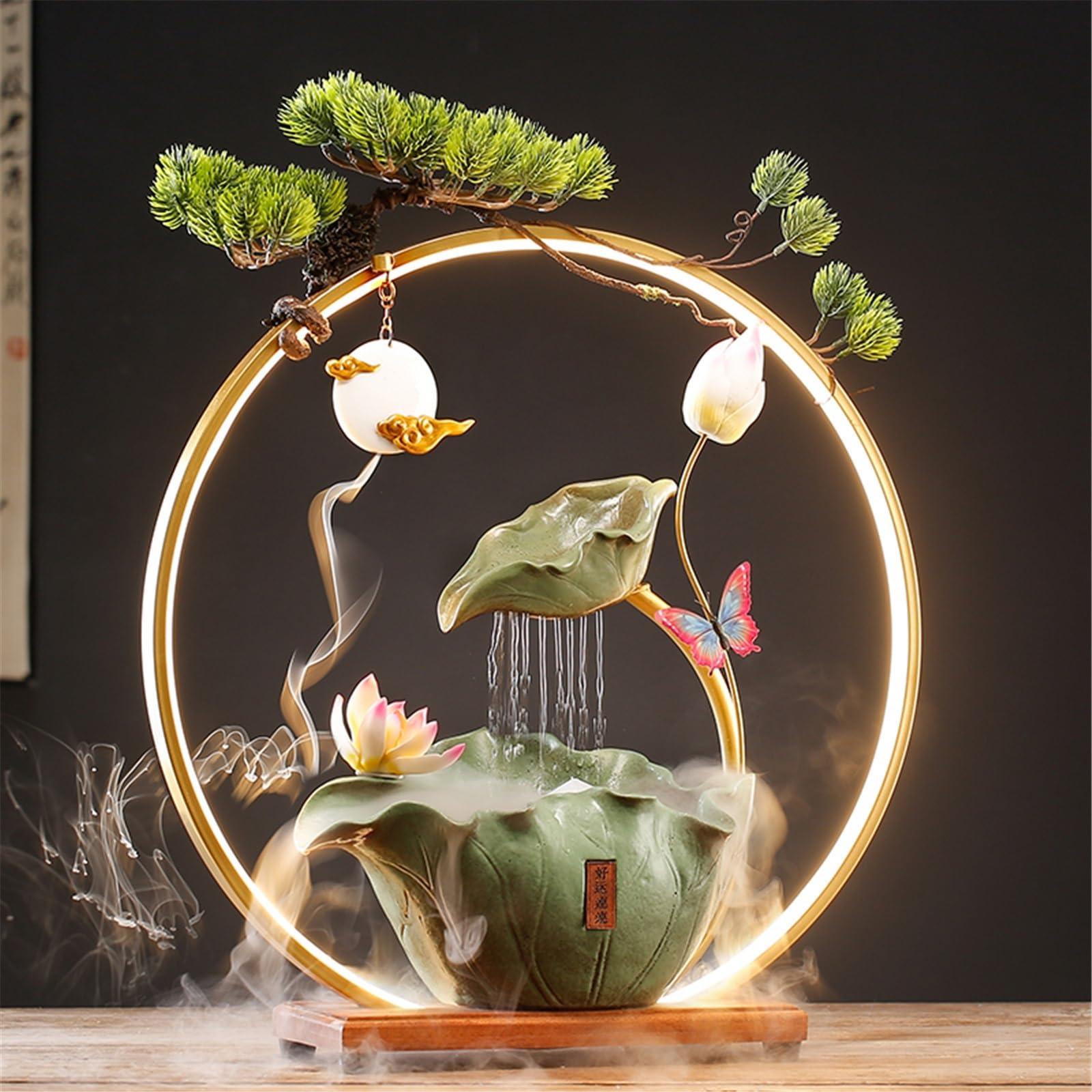 Fuente de Mesa Decorativa para Interior, Fuente de Agua con Cascada, de cerámica, diseño de Loto, con iluminación LED, alimentación USB, Zen, decoración para Oficina, Escritorio