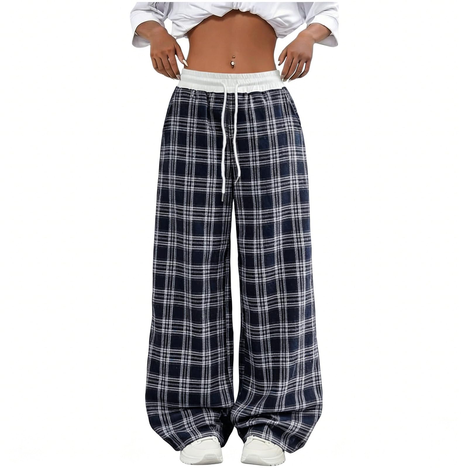Linen Pants Women Summer Plus Size Patchwork Plaid Wide Leg Pants Baggy Lounge Trousers with Pockets Vintage Y2k Clothes — view 10