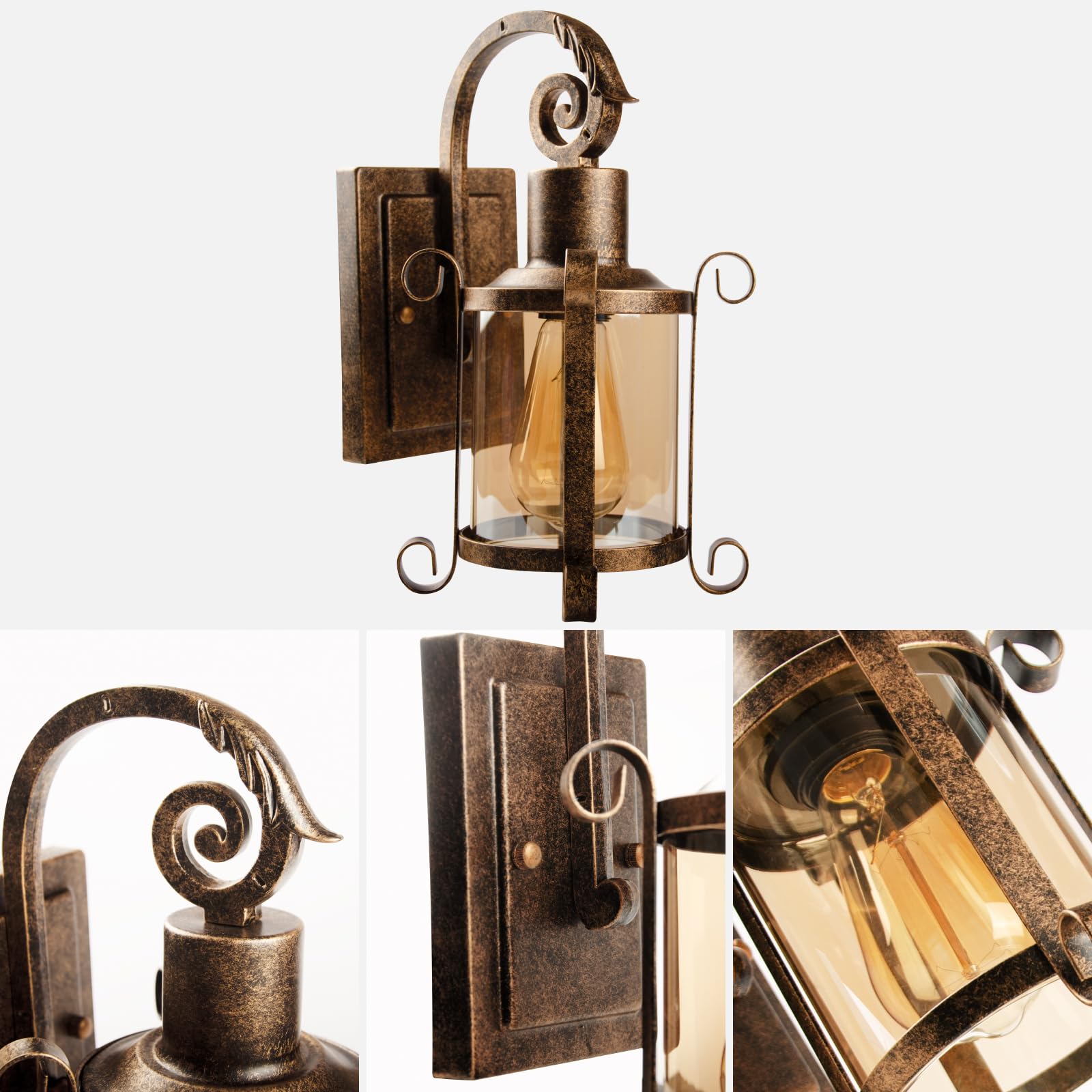Rustikale Innen Bernstein Glas Wandleuchte 1-Pack, Bronze gebürstet, Vintage-Lampe Veranda Beleuchtung wasserdicht Retro-Lampe für Innen Schlafzimmer Wohnzimmer Outdoor（NO Bulb）