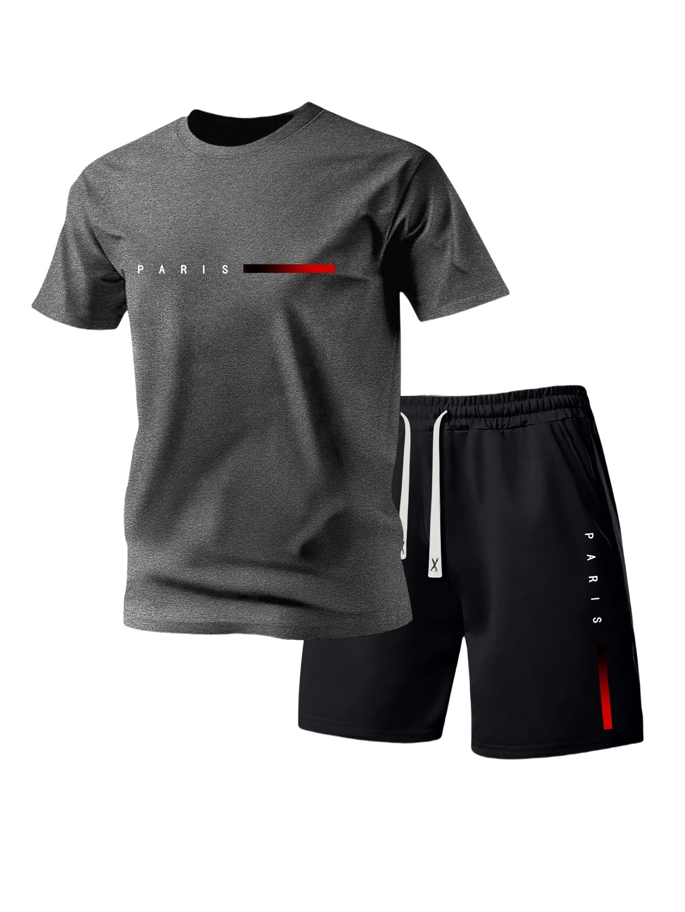 Conjunto de 2 piezas de camiseta ligera de manga corta con estampado de letras de París para hombre, simple, a la moda, casual, vacaciones, deportes — view 9