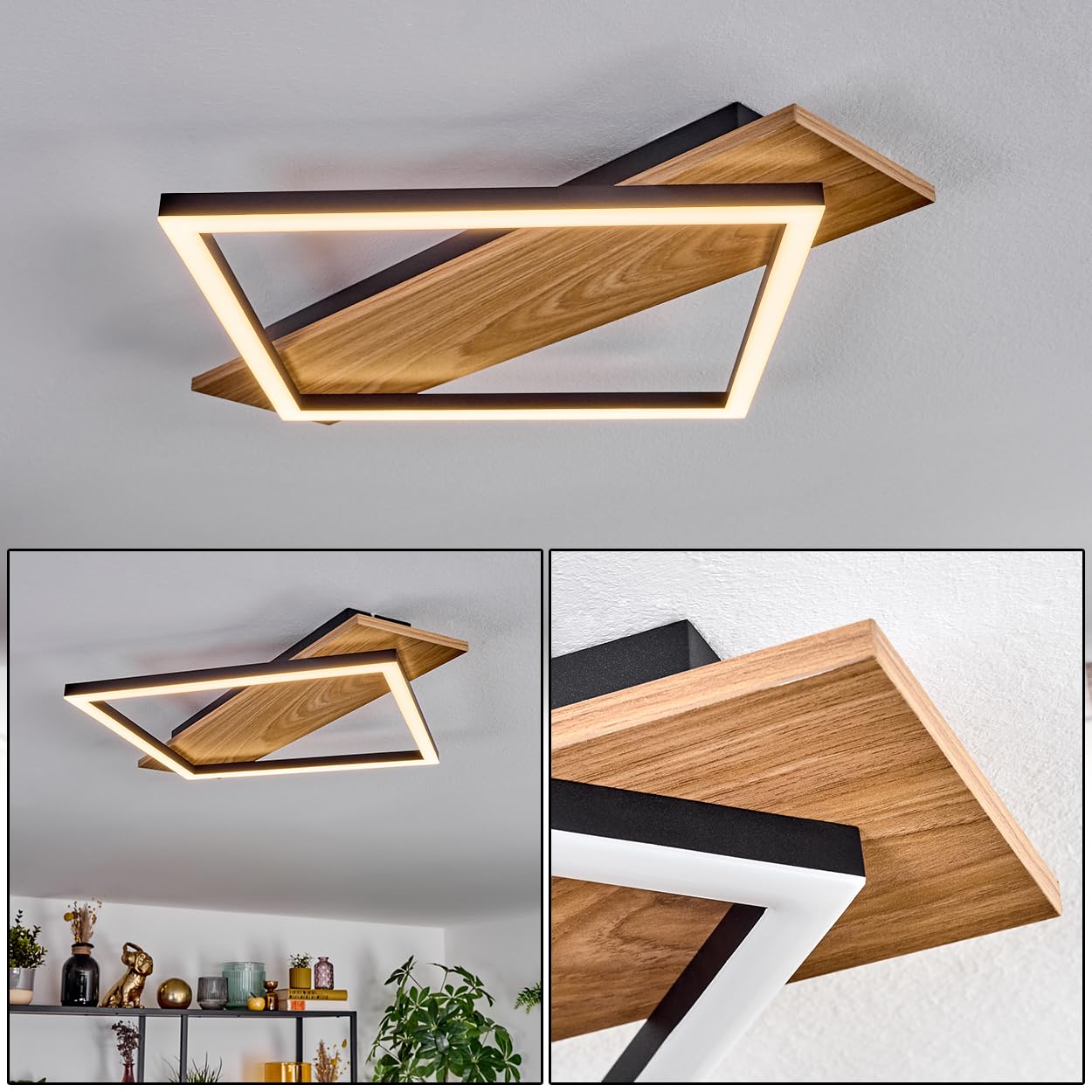 Plafonnier LED Cabanas HOFSTEIN, plafonnier en métal/plastique noir/aspect bois/blanc, luminaire au design moderne, 18 watts, 1850 lumens, salle à manger, salon, chambre à coucher, cuisine