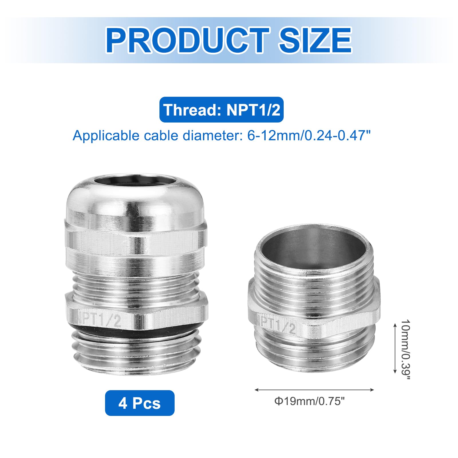 MECCANIXITY 4Pcs Brass Nickel-Plated NPT1/2 Cable Gland 6-12mm Threaded Waterproof Connector Adjustable Protectors for Hydraulic Systems CNC Machines Silver