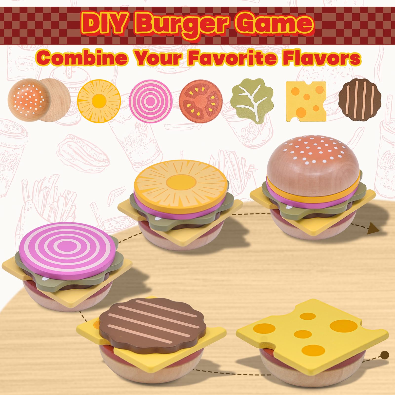 Jouet Cuisine Enfant En Bois Burger Frites - Ensemble Jeu De Rôle Fast-food, Pour Garçons/filles Dès 3 Ans