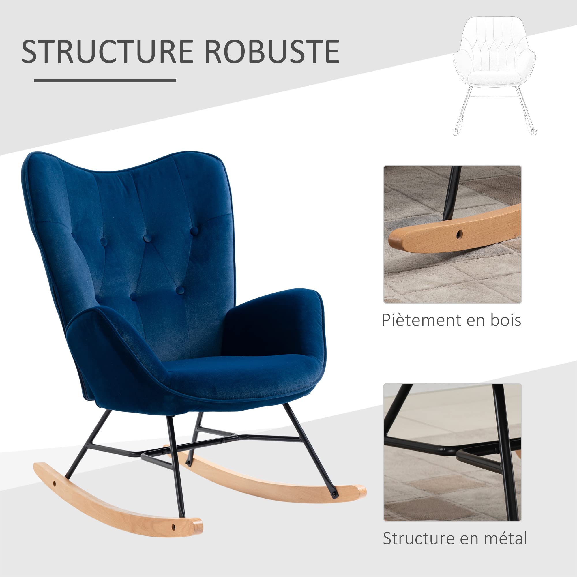HOMCOM Fauteuil à Bascule, Rocking Chair, Fauteuil Allaitement Confortable avec Structure en Bois Massif et métal pour Salon, Chambre, Balcon, Velours Bleu