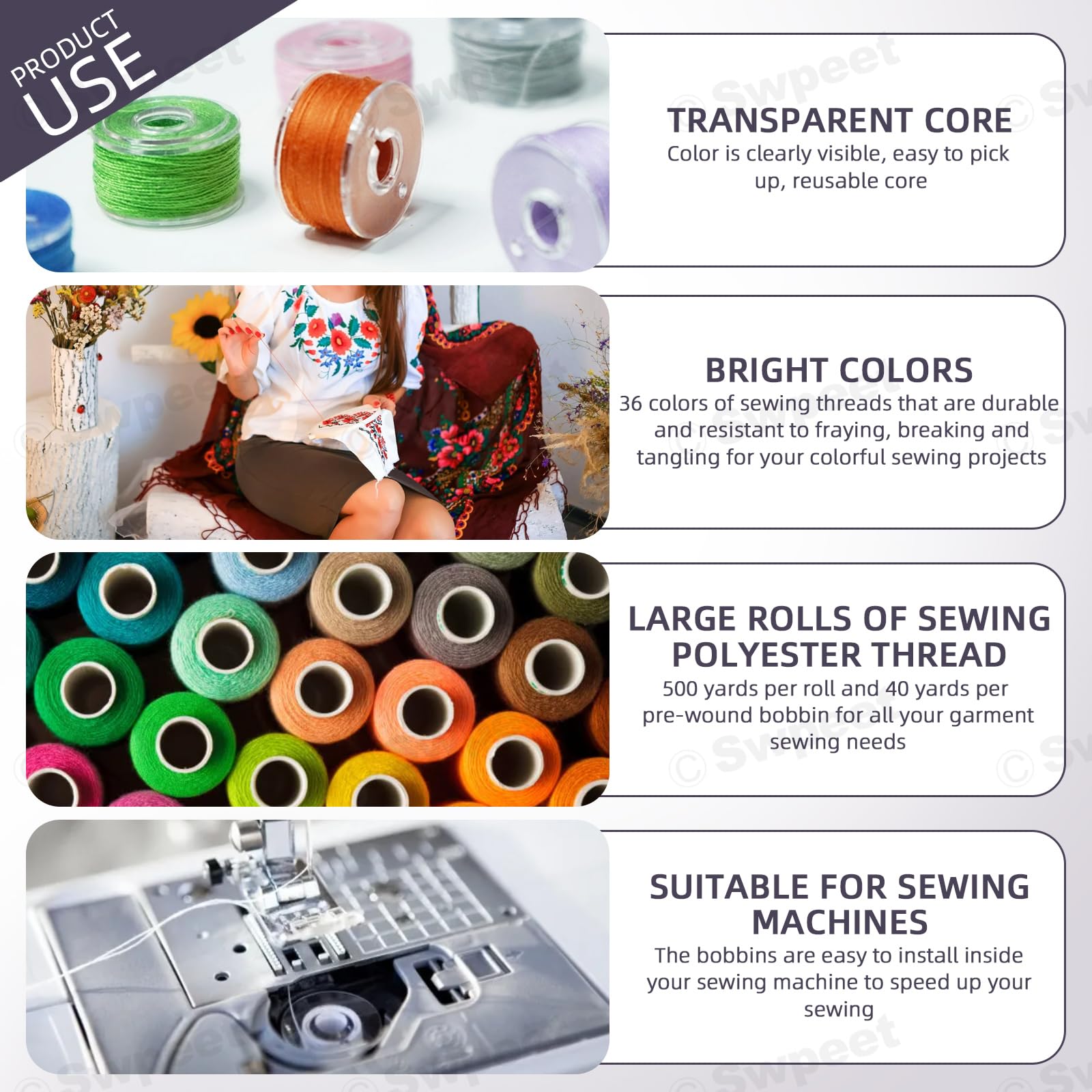 Swpeet 72Pcs 36 Colors Bobbins Sewing Threads Kit - Image 3