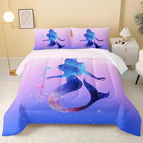 QOOMO Edredón de Sirena Tamaño Full, Juego de Edredón de Sirena Oceánica para Niños Adolescentes Niñas, Juego de Ropa de Cama de 3 Piezas Edredón