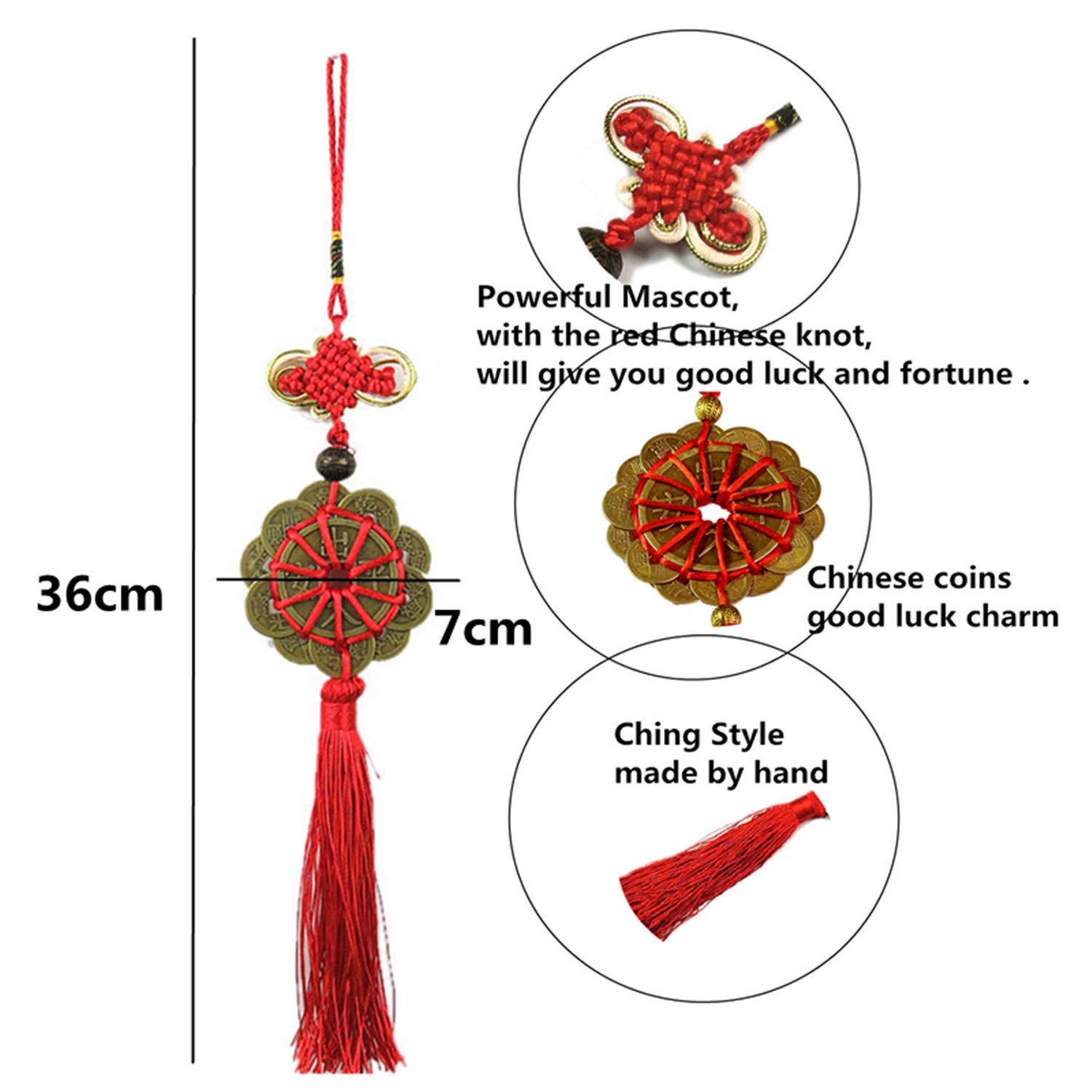 Bwinka Ciondolo Feng Shui Con 12 Monete Cinesi Portafortuna E 4 Campanelle In Ottone Su Cordoncino Rosso - 3