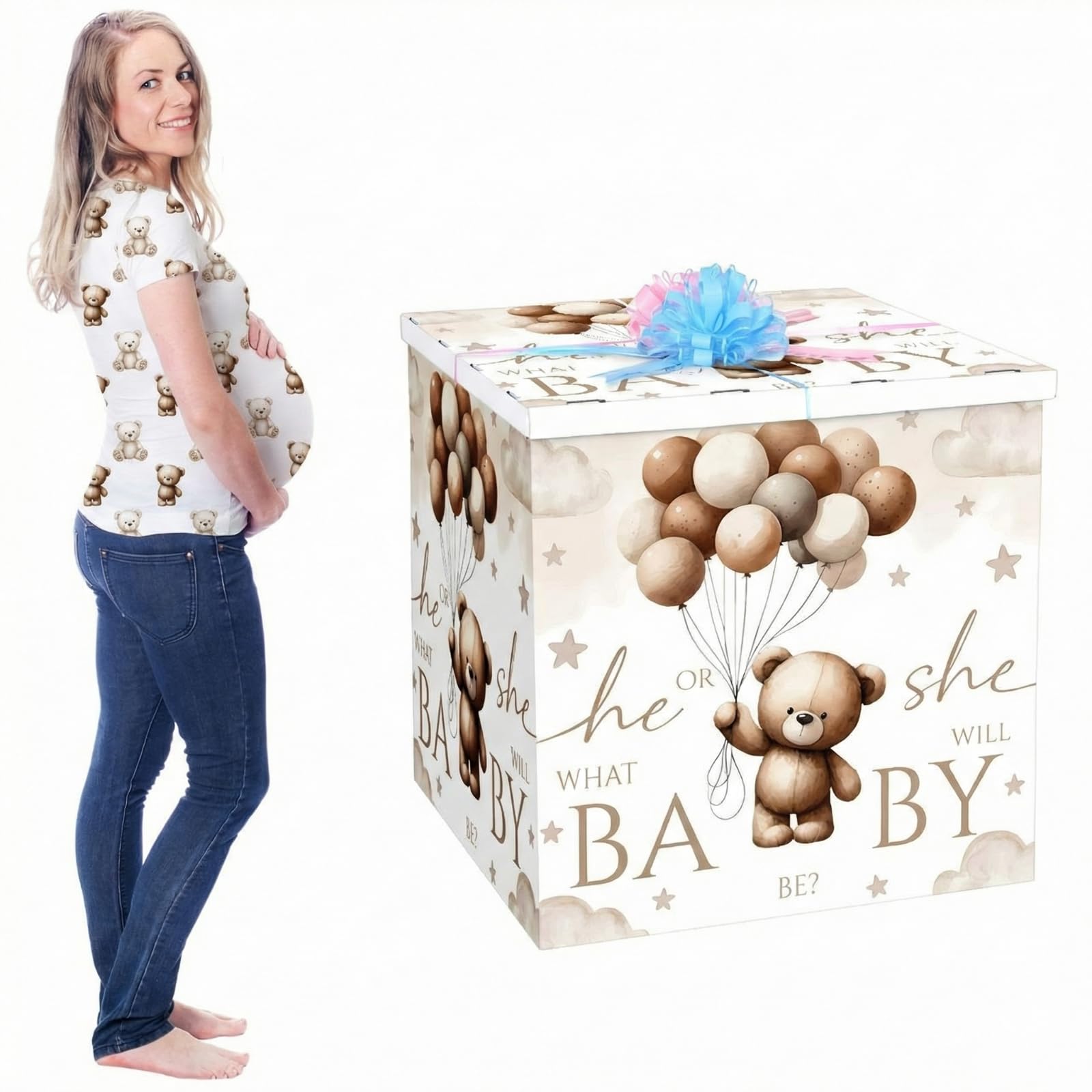 AmazingSpark 71,1 cm große Jumbo-Geschenkbox-Set mit übergroßer Box, riesige Zugschleifen für Geschlechtsoffenbarung, Babyparty, Geburtstagsparty, Dekoration (neutraler Bär)