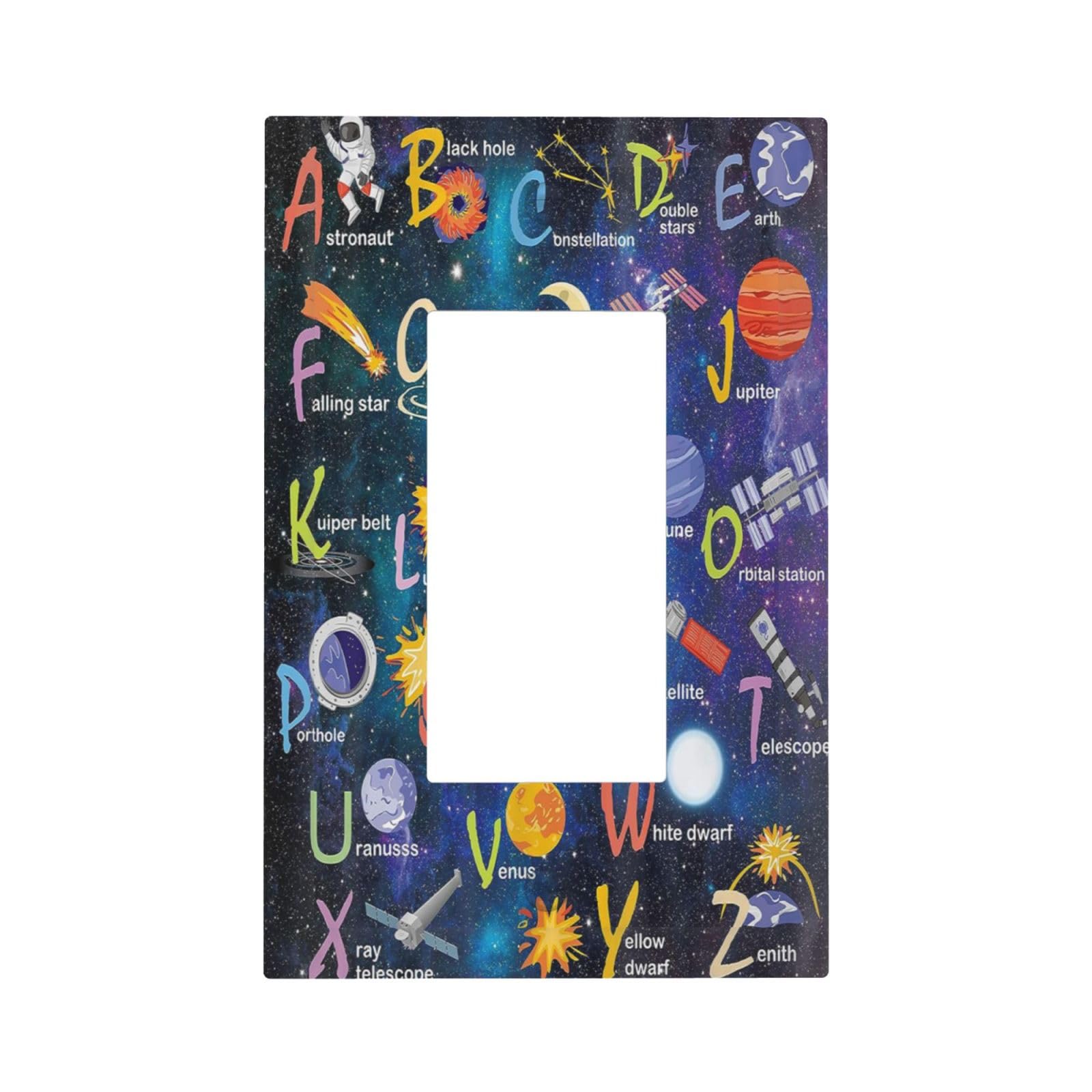 ABC Outer Space 1 Gang Rocker Light Switch Plate Alphabet Galaxy Educational Single Decora Outlet Wall Plate Cover Faceplate Decorative Switchplate GFCI for Kidroom Nursery Living Room Boyroom Decor