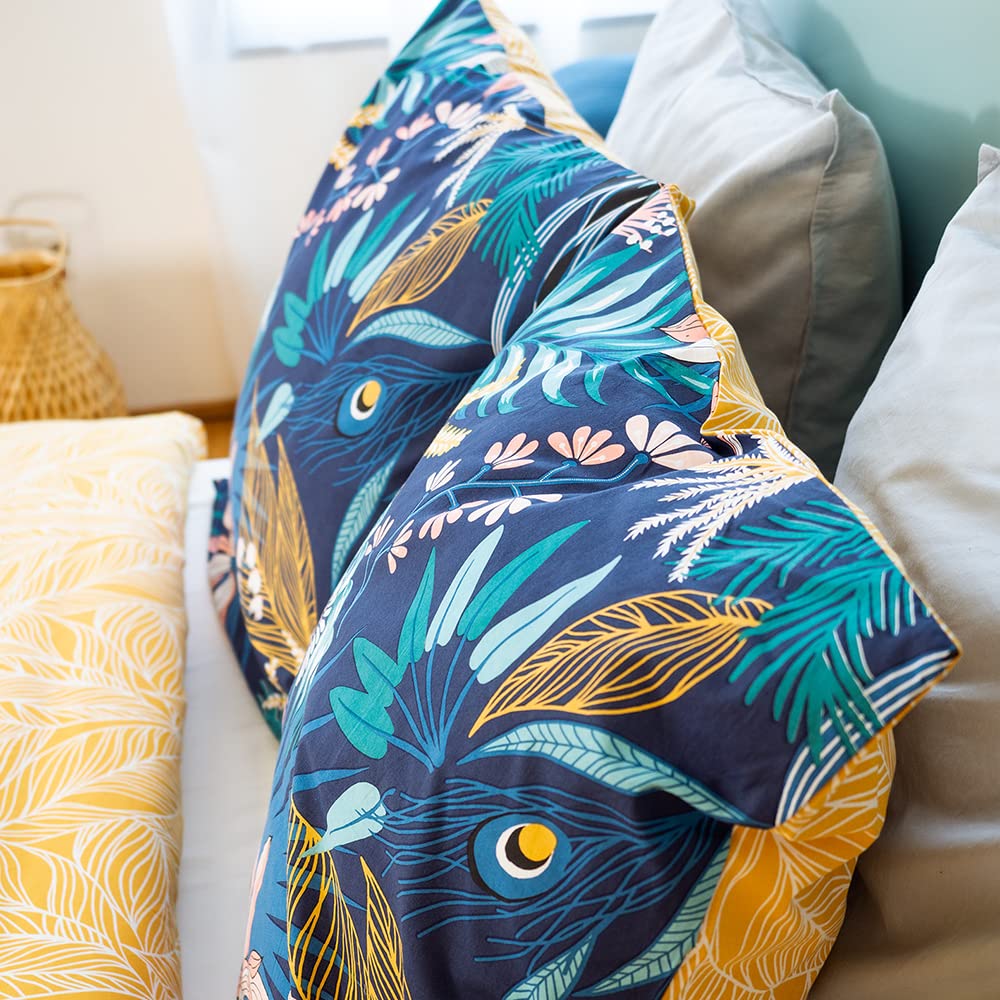 CÔTE DECO Parure de Lit 240x260cm Feuilles Tropicales Bleu Coton - 3 pièces | 1 Housse de Couette Adulte 240x260cm + 2 Taies d'Oreiller 63x63 cm - Feuilles Tropicales