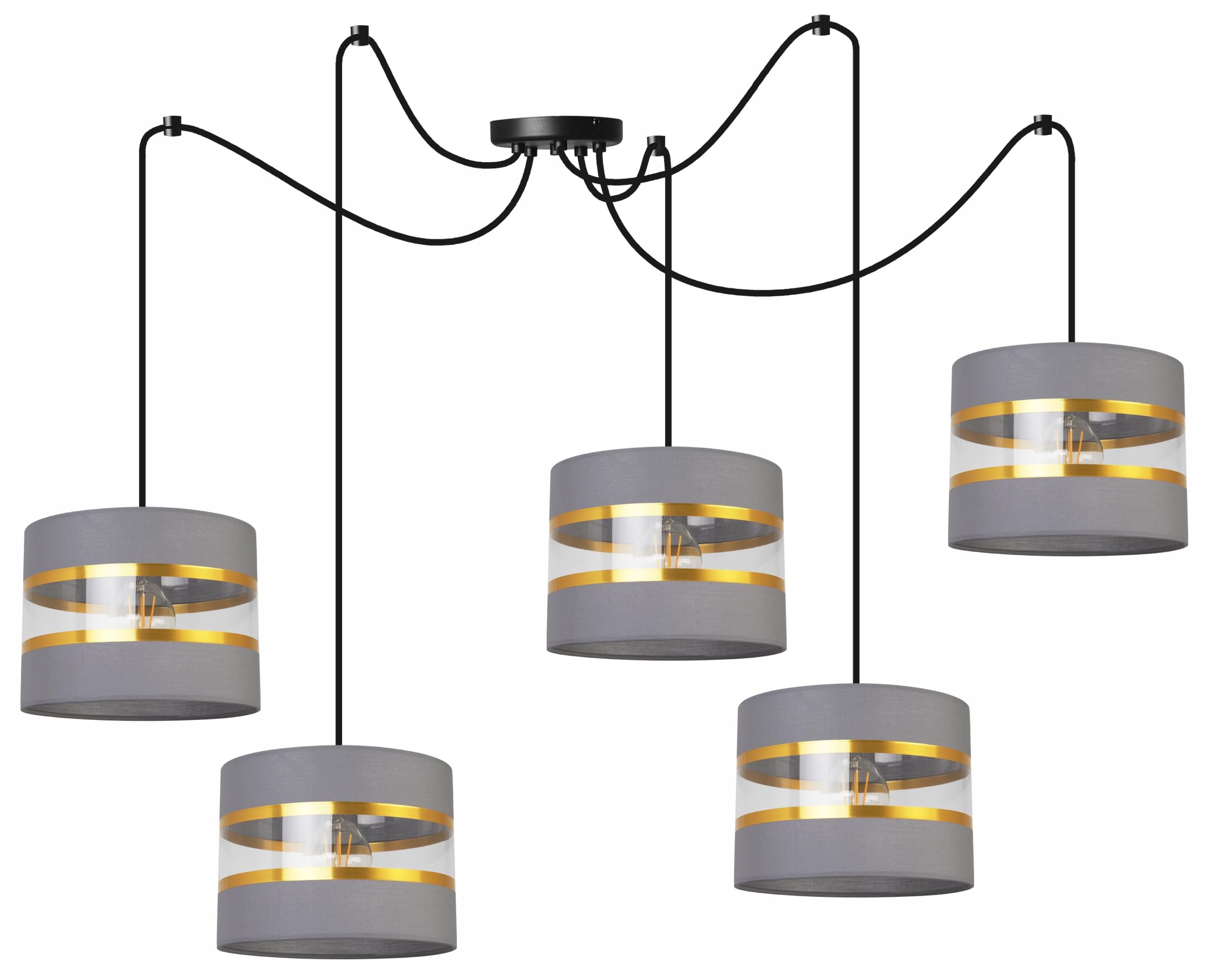 Light-Home Spider Elegance Deckenleuchte Pendelleuchte - Moderner Deckenleuchter für Schlafzimmer Wohnzimmer und Küche im Glamour - E27 mit 5 Lichtpunkten - Lampenschirm Stoff 20cm - Schwarz und Grau
