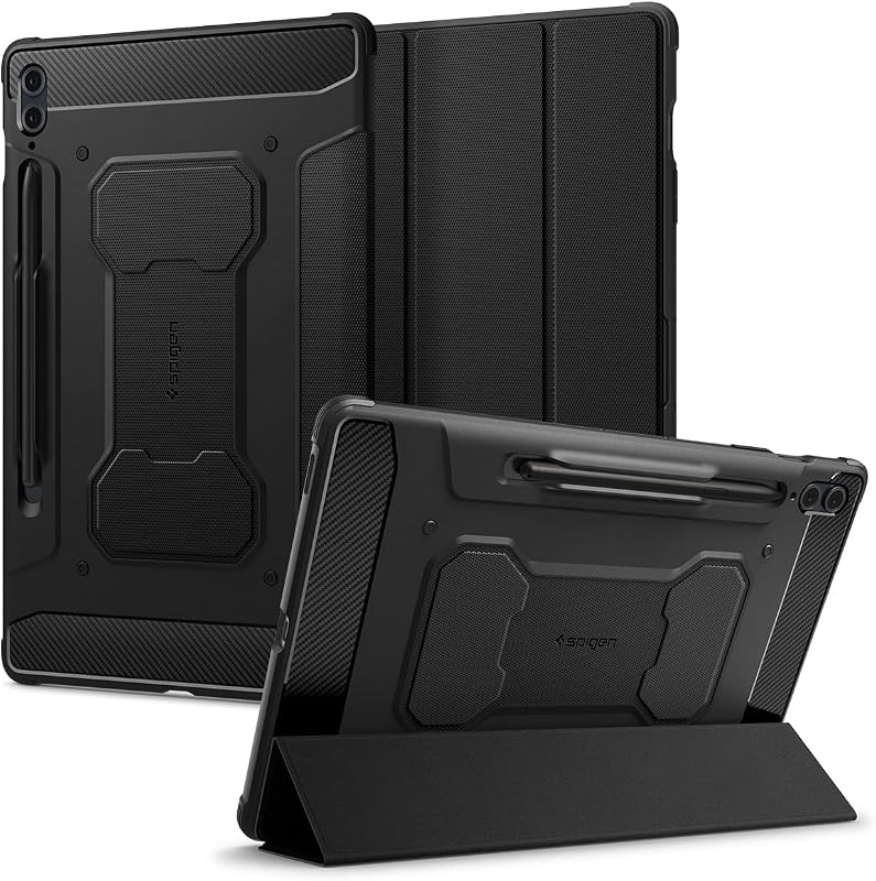 Spigen for Galaxy Tab S10 Plus Case (2024), Galaxy Tab S9 Plus Case (2023), Rugged Armor Pro Protective Tri-Fold Cover with Built-in S Pen Holder, Shock-Absorbing Carbon Fiber Design, 12.4 Inch, Black