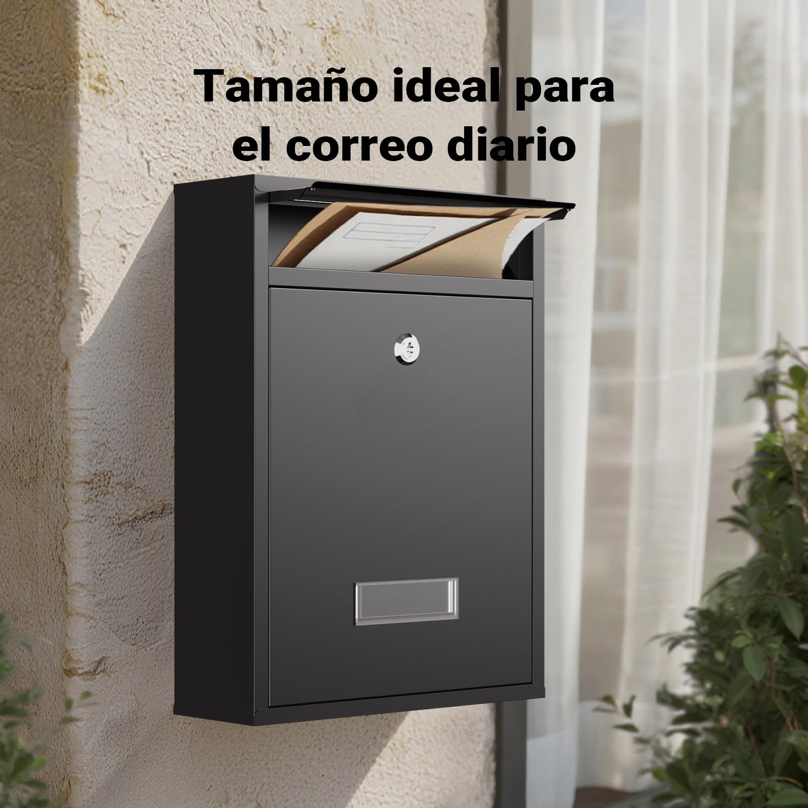Wiltec Buzón de Pared Color Negro V10 con Placa de identificación, Amplia Ranura para Cartas y 2 Llaves buzón de Acero con Recubrimiento en Polvo para Montaje en Pared