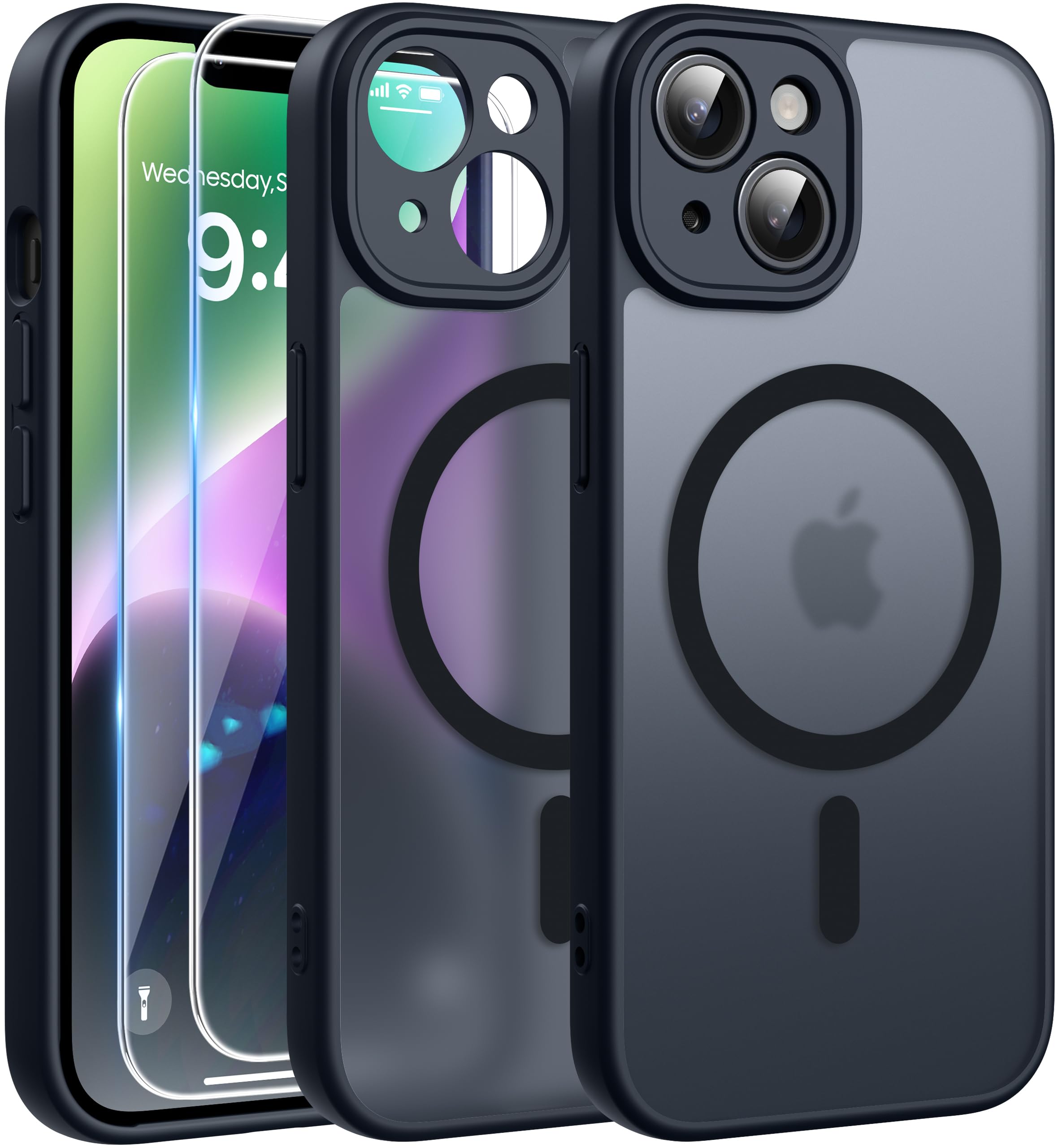 FLLAO Magnetica Cover per iPhone 14, Nero | Compatibile con MagSafe, con 2 Pezzi Vetro Temperato Pellicola, Protezione Fotocamera, Custodia Traslucida Opaca Antiurto