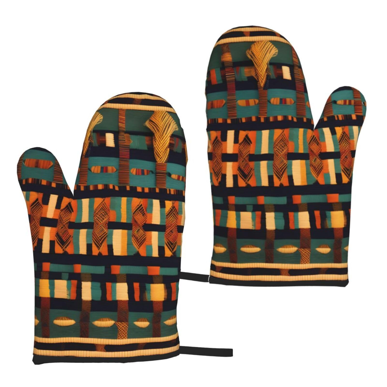 Kljnmbb Men's Black African Classic Weave Print Waterproof Heat Resistant Oven Mitts 5.9X11in Non Slip Bbq Gloves For Cooking