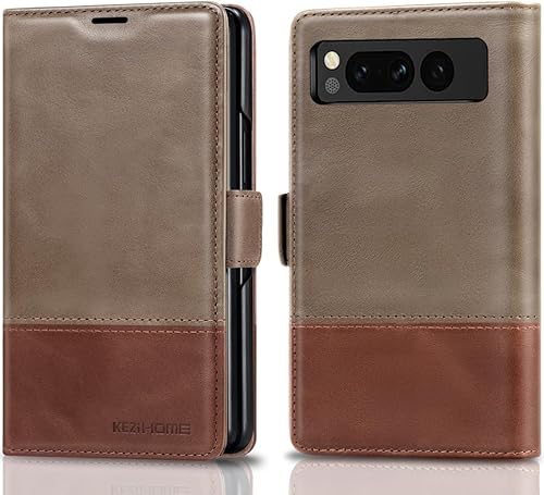 KEZiHOME Funda para Google Pixel Fold, cuero genuino bloqueo RFID Funda tipo cartera con ranuras para tarjetas, soporte para teléfono con tapa para