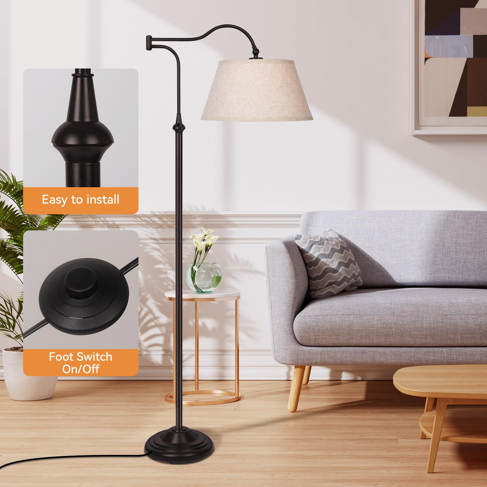 Lampa podłogowa z ramieniem obrotowym, lampy podłogowe łukowe z regulowanym ramieniem o zakresie 180° do salonu, lampa stojąca w stylu mid-century z lnianym kloszem, wysokie lampy do sypialni, salonu