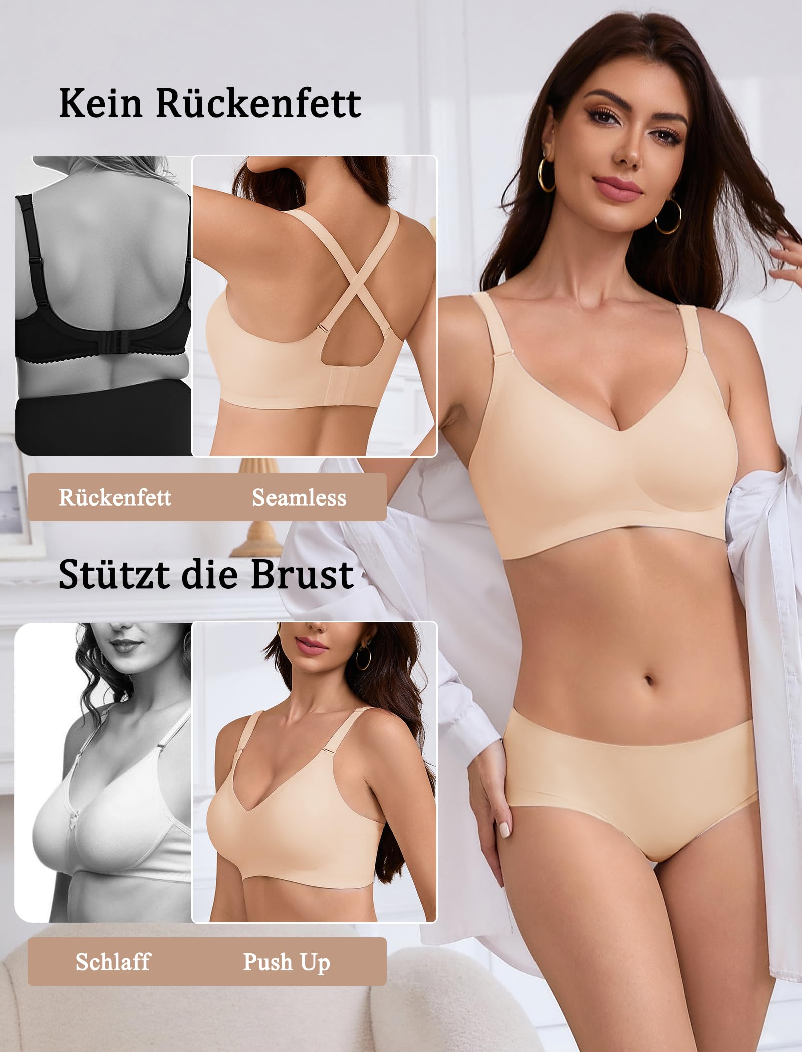 Vtelor BH Damen Ohne Bügel Push Up BH Große Brüste Starker Halt Bügelloser Seamless Nahtloser BHS Tiefer V-Ausschnitt Soft Tshirt Schlaf Bra Bequem Klassische Bustier Gepolstert Bralette Ohne Buegel
