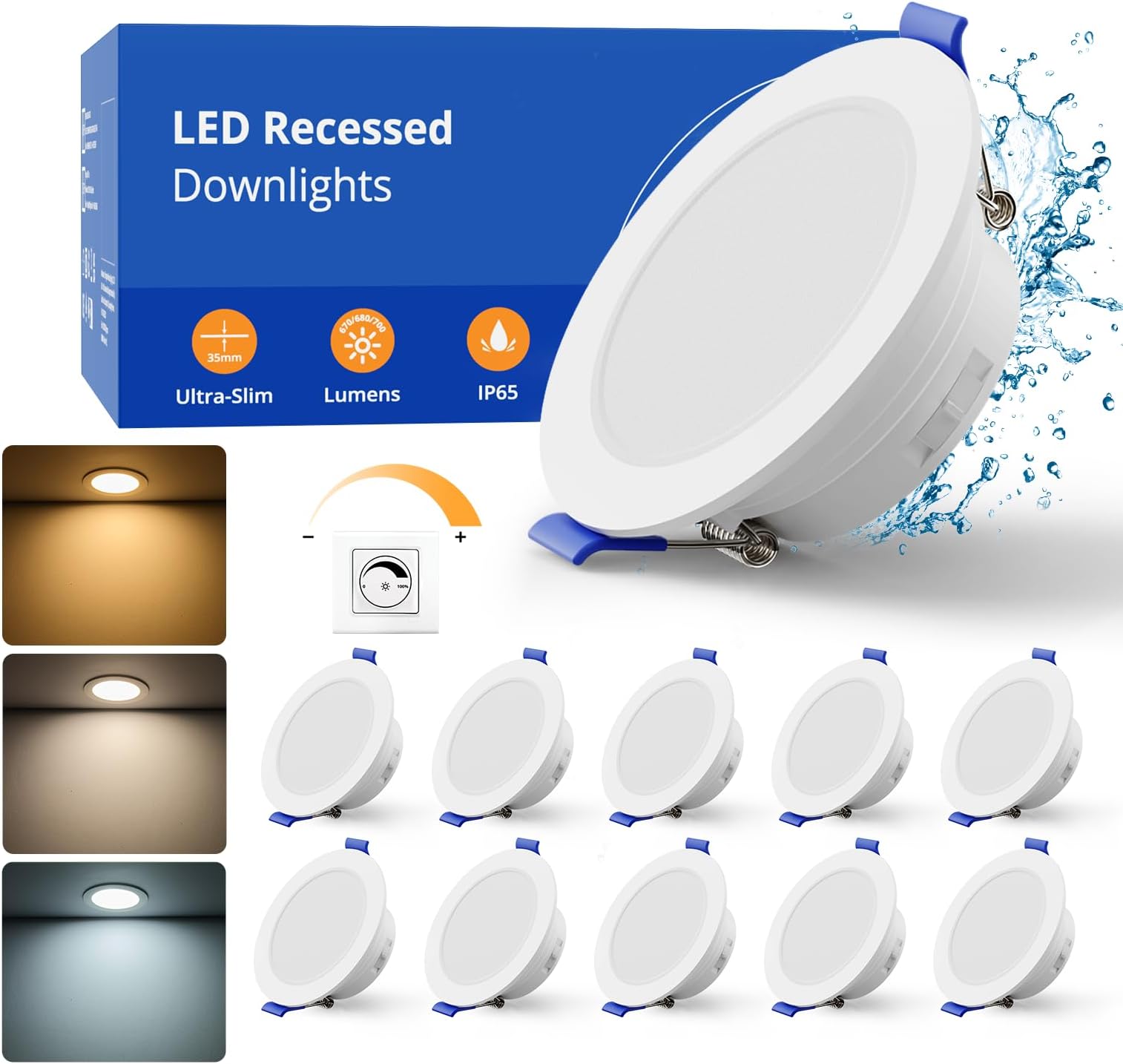 wowatt Downlights for Ceiling Dimmable, 2700K Warm White 4000K Neutral White 6500K Cool White Adjustable, IP65 Bathroom Spotlights 6W 700LM Recessed Ceiling Lights Cutout 68-80mm, 10 Pack