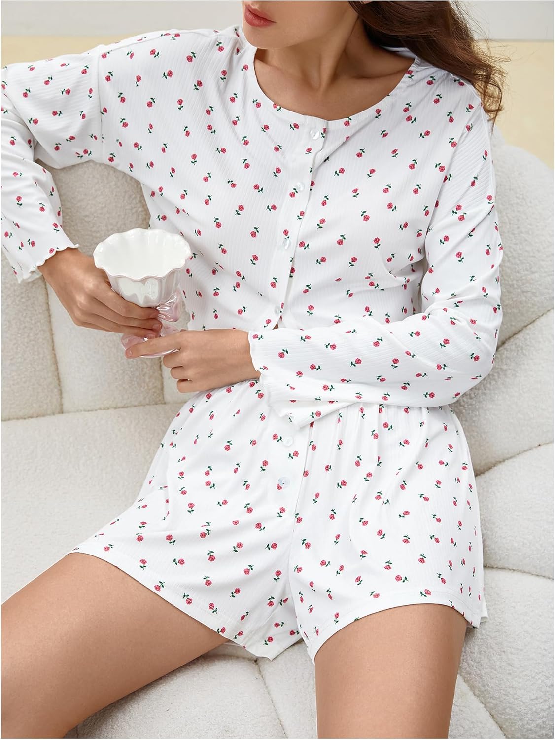 SHENHE Women's Floral Pajama Set Long Sleeve Button Up Crop Top and Shorts 2 Piece Loungewear - Image 5