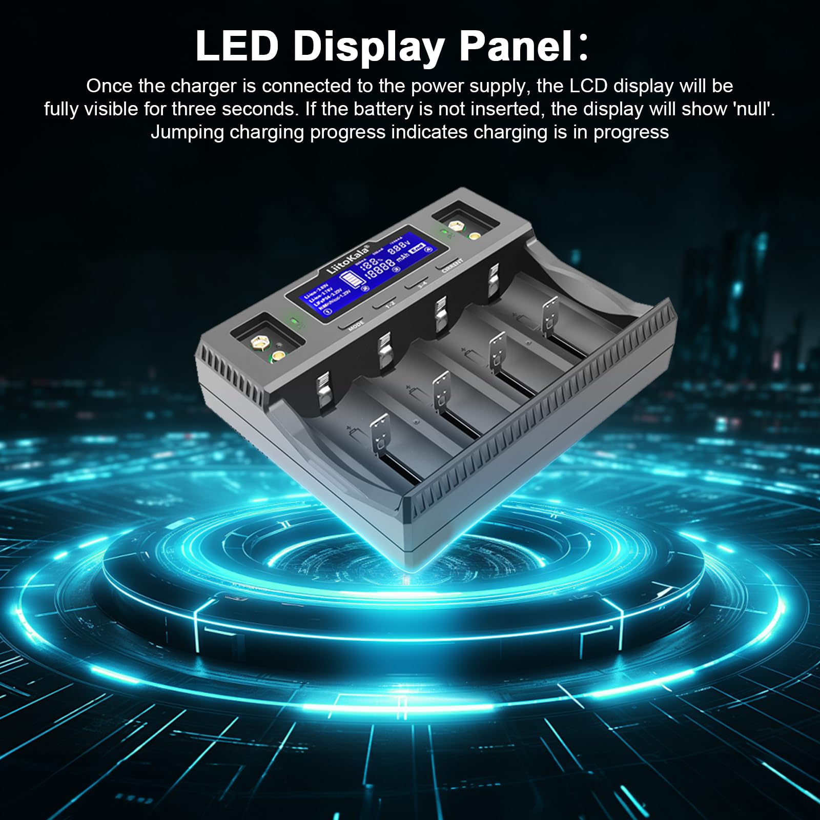 LiitoKala Lii-D4XL Caricabatterie con display LCD, per 14500 18650 26650 32700 AA AAA Li-lion (4.2V) Ni-MH/Ni-CD (1.48V) LiFePO4 (3.65V), potenza di ingresso AC 110-240V DC 12V2A, 4 Bay