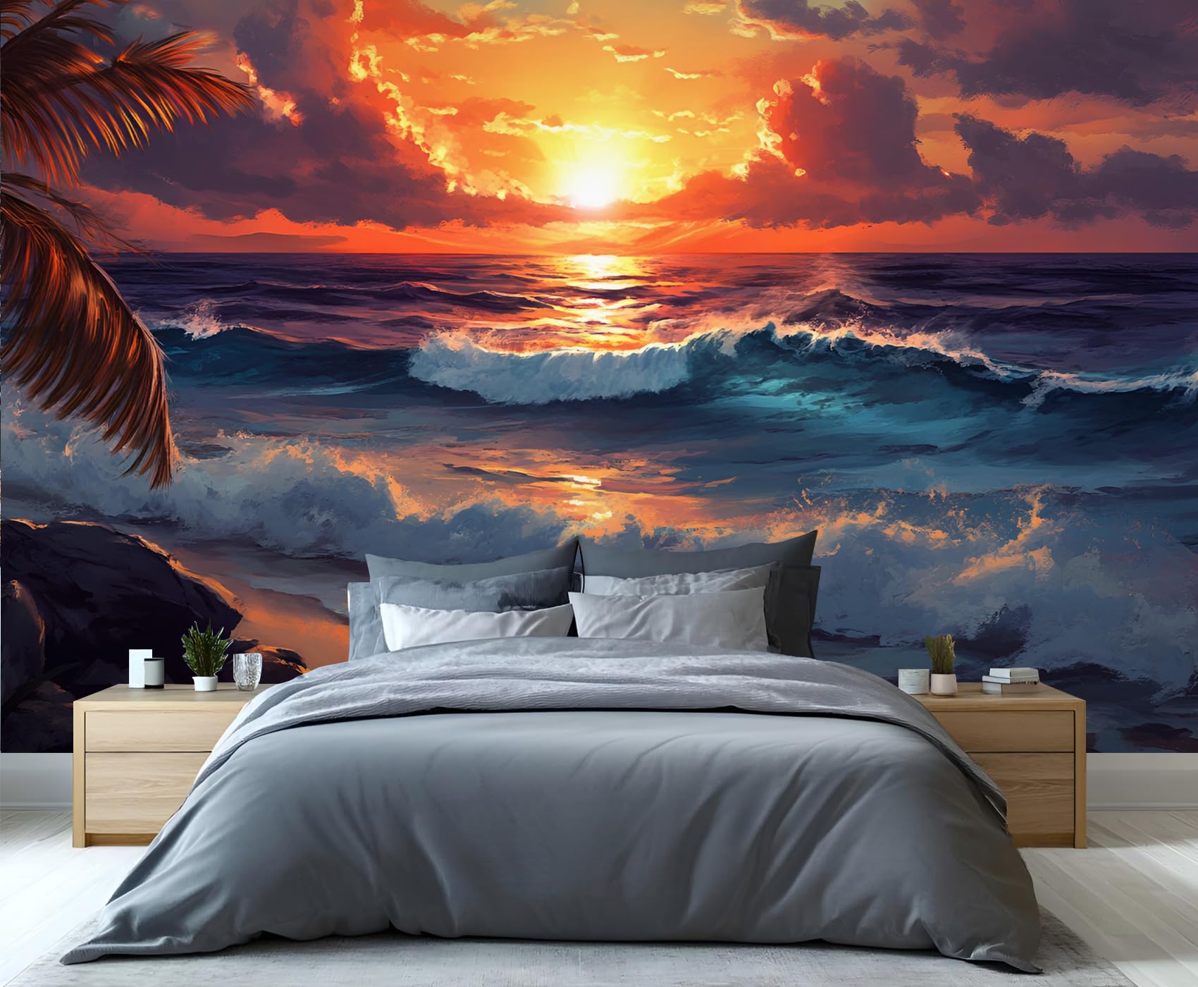 YXQAIED Sunset Wallpaper, Fierce Waves Wallpapers for Living Room, Not Self Adhesive Tropical Bedroom Wallpaper, Ocean Photo 3D Wall Murals & Room Decor, 350x256cm — image 1