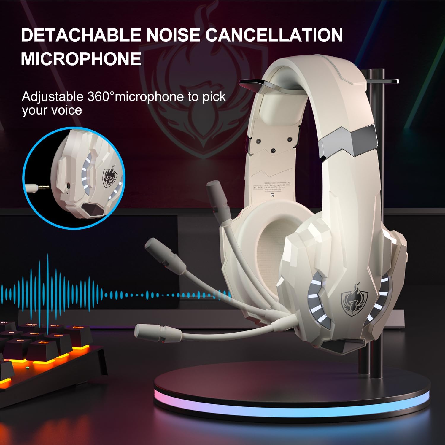 PHOINIKAS Wireless Gaming Headset with Microphone, G9000 2.4G Wireless Headset for PC PS4 PS5 Switch, Over Ear Headphones with 7.1 Stereo Sound, 3.5mm Wired Gaming Headset for Laptop/Phone White