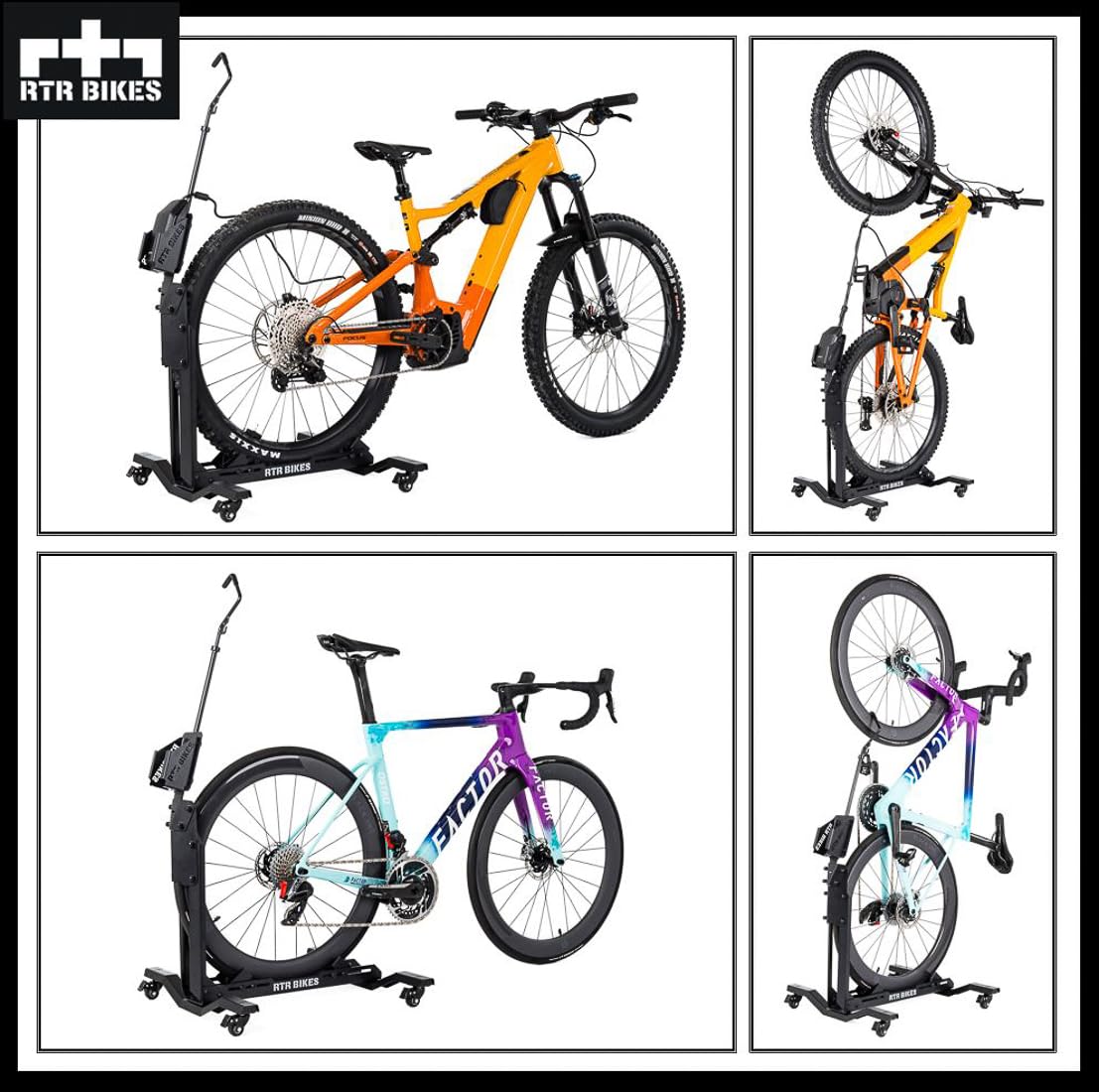 RTR BIKES Brutus Up Pro Soporte Bicicleta Móvil con Ruedas – Estación de Carga E-Bike con Porta Cargador – Rack Vertical hasta 30kg – Neumáticos 3,5" – Hecho en UE