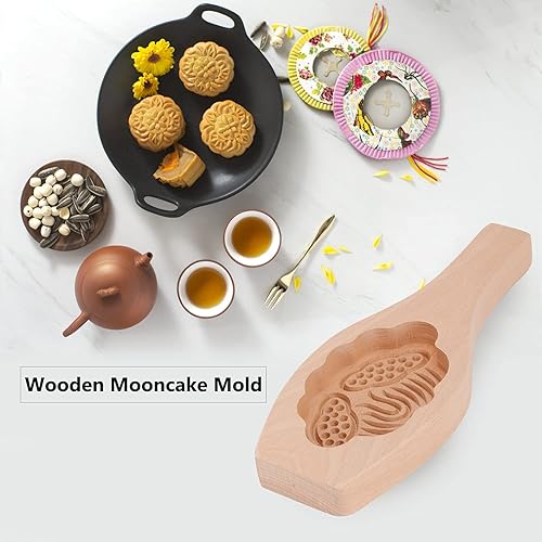 Miniatura 5 de Mooncake - Modelo de madera, modelo de pastel de luna a presión manual con patrón de flores 3D, herramientas de decoración ecológicas para hornear,