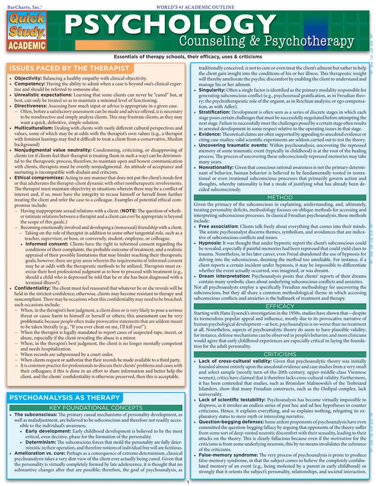 Psychology: Counseling & Psychotherapy QuickStudy Laminated Reference Guide Pamphlet – December 31, 2011