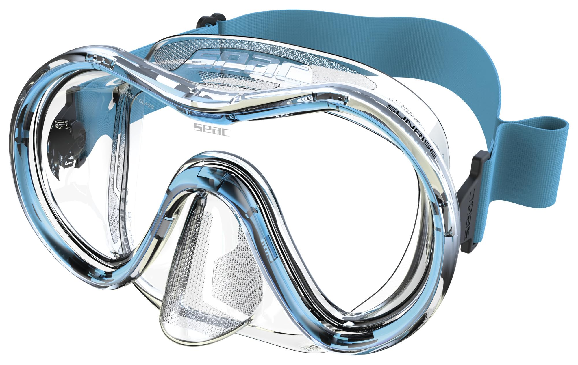 SEAC Unisex-Adult Sunrise Einteilige Tauch-und Schnorchelmaske aus gehärtetem Glas mit 3D-Schnalle, mit Kopfstück aus Textil oder Silikon