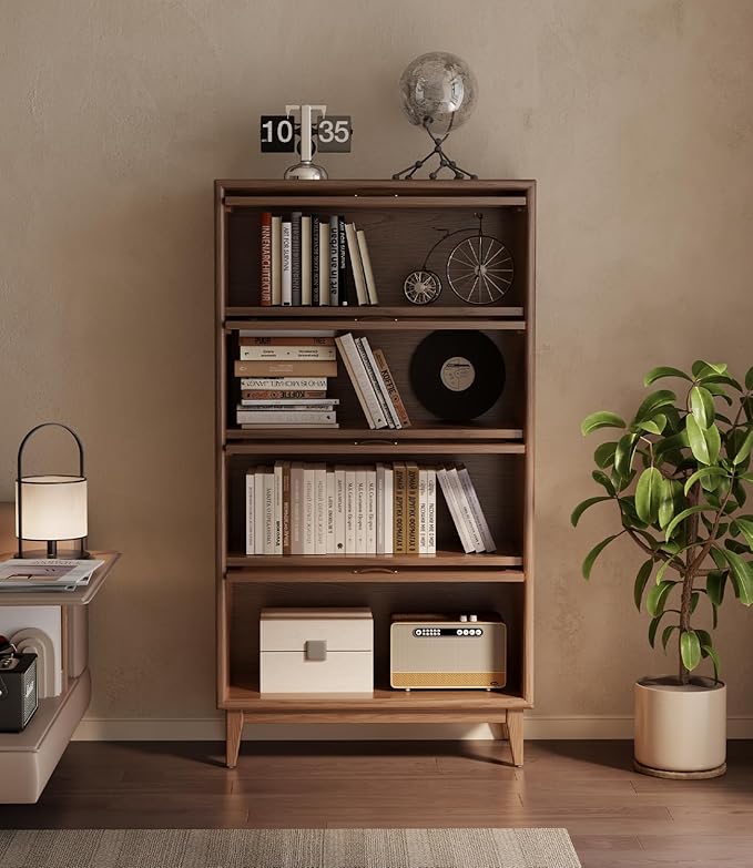 KungFuWood Wooden Bookcase with Tempered Glass Doors, Large Solid Wood Bookshelf Glass Front Bookshelves flip top Display Cabinet case Hidden Glass Doors for Apartments, Home Offices (4 tire 60")