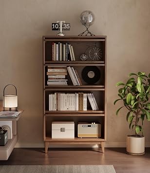 KungFuWood Wooden Bookcase with Tempered Glass Doors, Large Solid Wood Bookshelf Glass Front Bookshelves flip top Display Cabinet case Hidden Glass Doors for Apartments, Home Offices (4 tire 60)