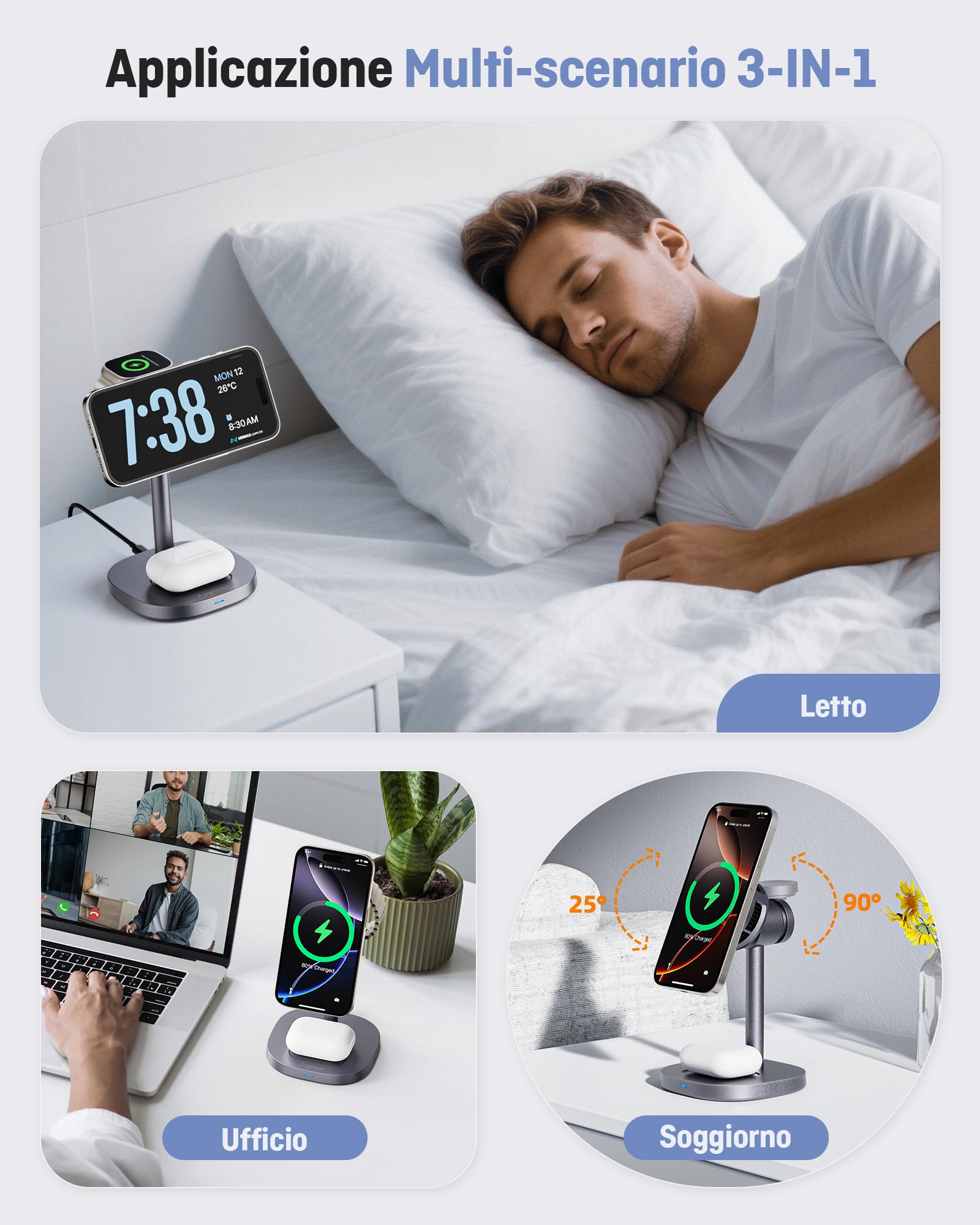 Augnner 3 in 1 Caricatore Wireless,Qi2.2 25W Caricabatterie Magnetico Rapido con Raffreddamento Attivo TEC,Stazione Ricarica Wireless Mag-Safe per iPhone17/16/15/14/13/12,Apple Watch/AirPods