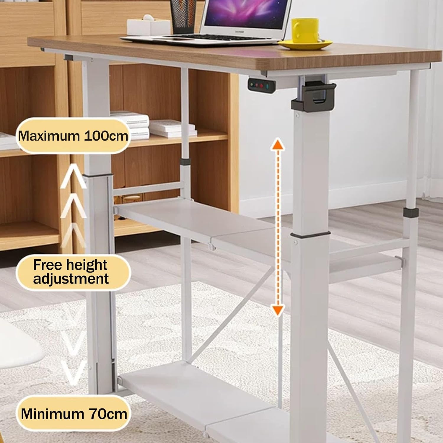 JKGHK Height Adjustable Overbed Table with Lockable Wheels, Foldable Small Portable Standing Desk with Double Storage, Mobile Home Office Laptop Desk for Small Spaces