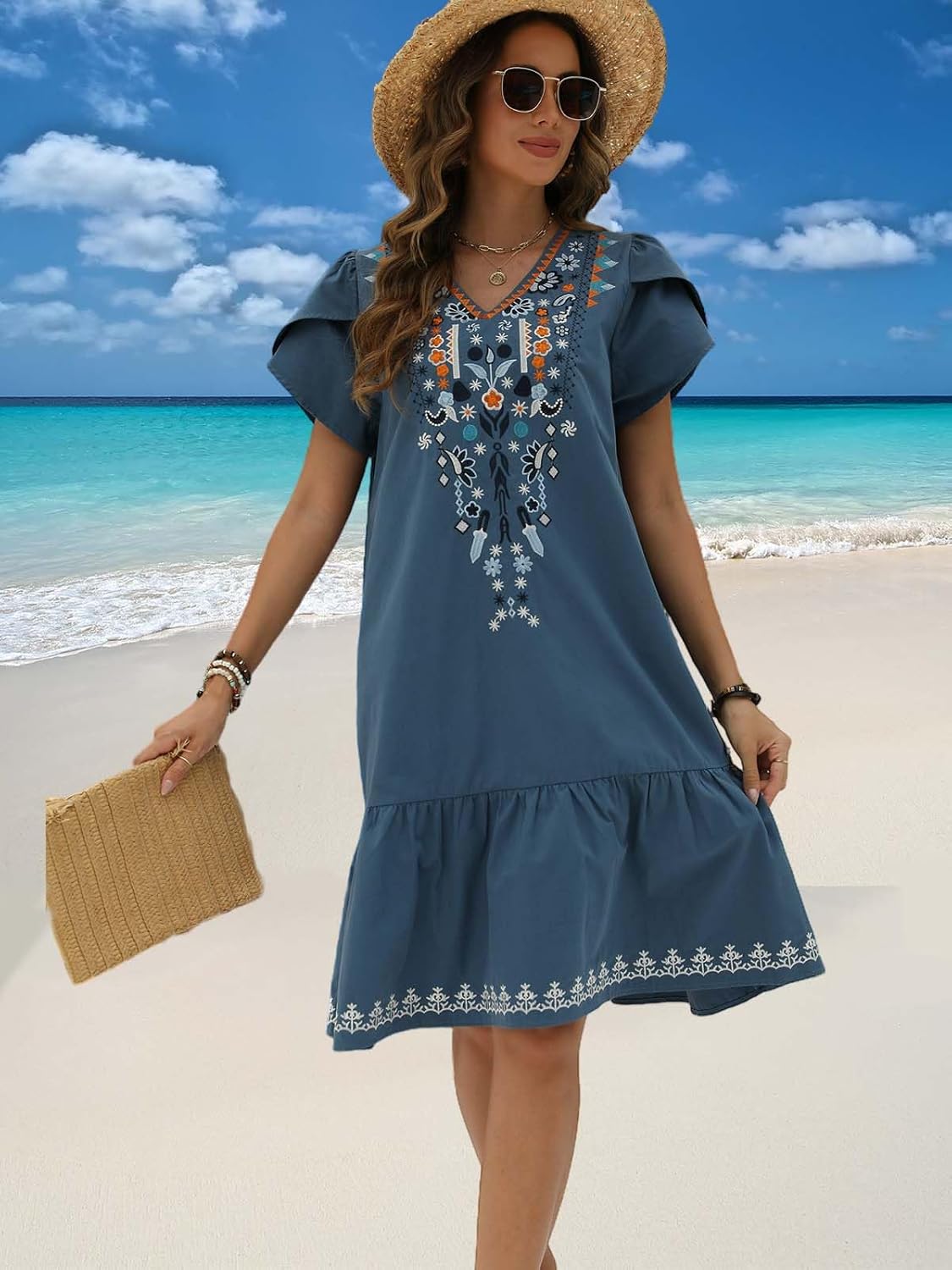 LauraKlein Summer Floral Embroidered Dress for Women Mexican Ruffled Sleeve Boho Women Dresses Peasant Casual Dress - Image 6