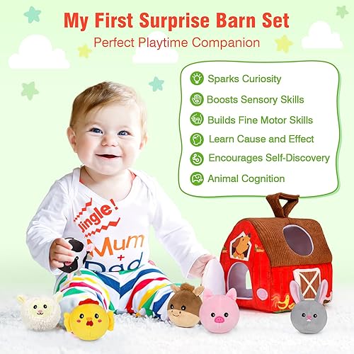 Miniatura 3 de Juguetes para bebés de 6 a 12 meses granero sorpresa de felpa con animales de granja de peluche, sonajero, papel arrugado, espejo, juguetes