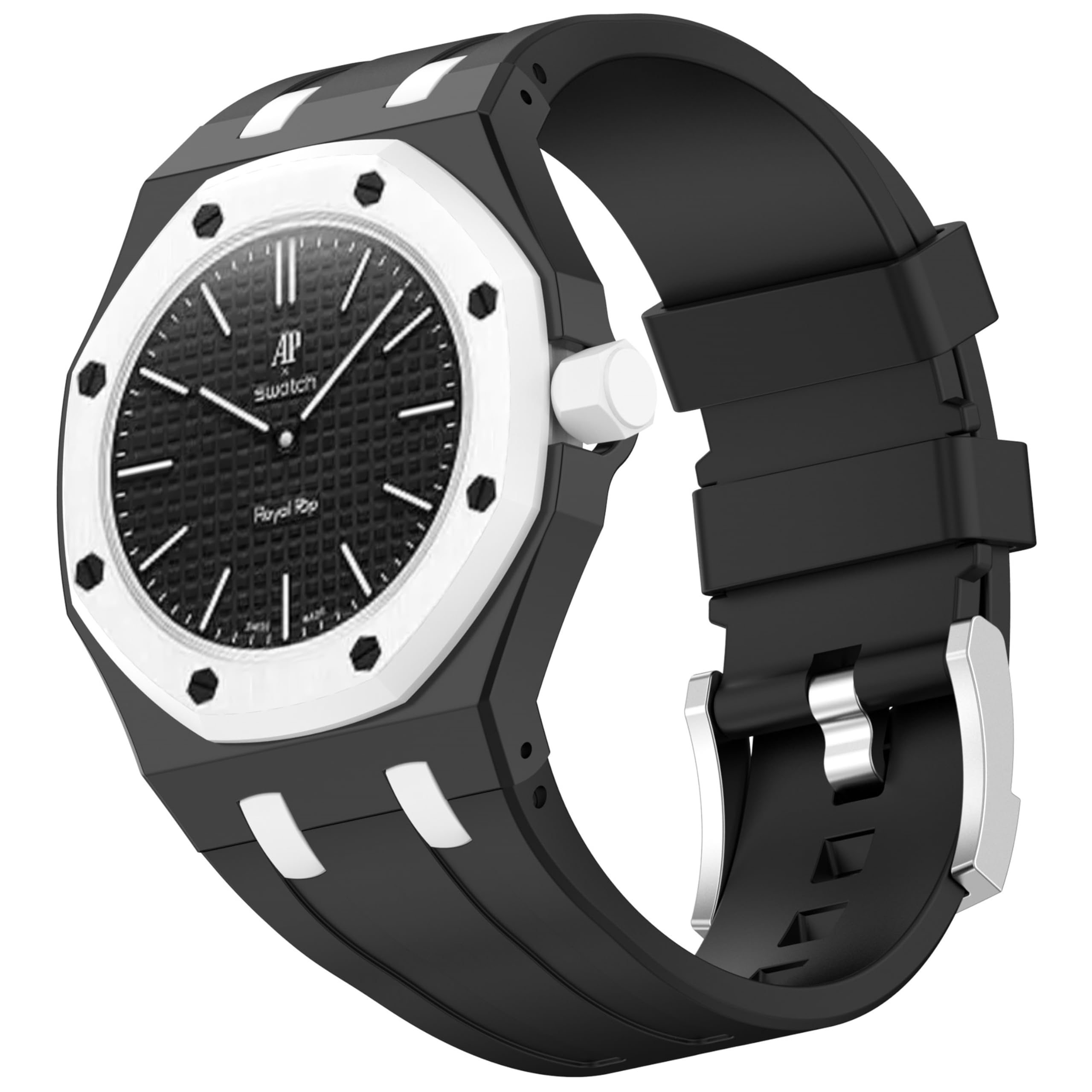 CZhkg Silicone Integrated Bracelets for Swatch Royal Pop Strap, Breathable Watch StrapArmband Sport Watchbands Wristband Quick Release Bands for Swatch Royal Pop Watch (black white)