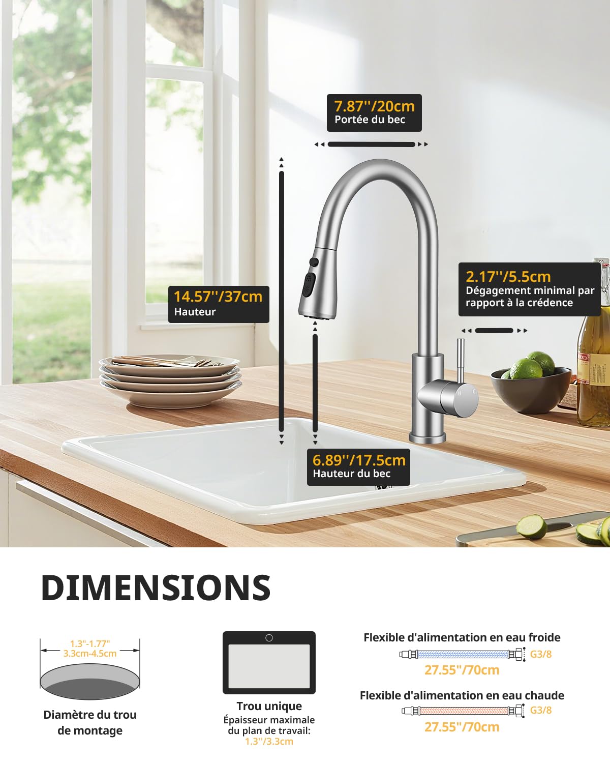 Hiqufet Robinets de Cuisine, Robinet Mitigeur Évier avec Pivotant 360° et Bec Extractible, Robinet Évier Haute Arche à Une Seule Manette en Acier Inoxydable, Nickel Brossé