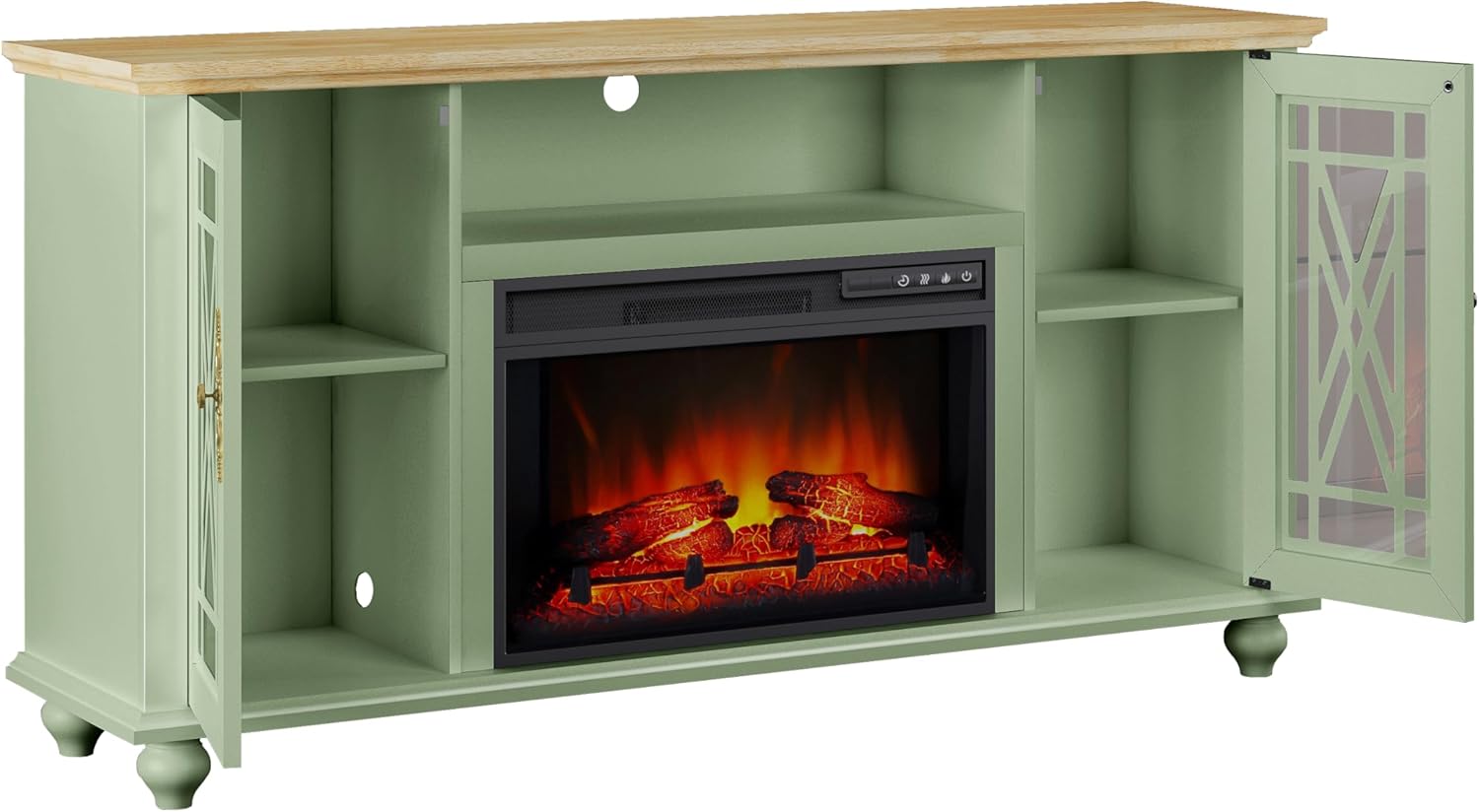 FESTIVITY 62 Inch TV Stand Entertainment Center with 26" Electric Fireplace Insert, 2 Glass Doors & 4 Shelves for TVs up to 65", Farmhouse TV Console Table for Living Room & Bedroom (Green)