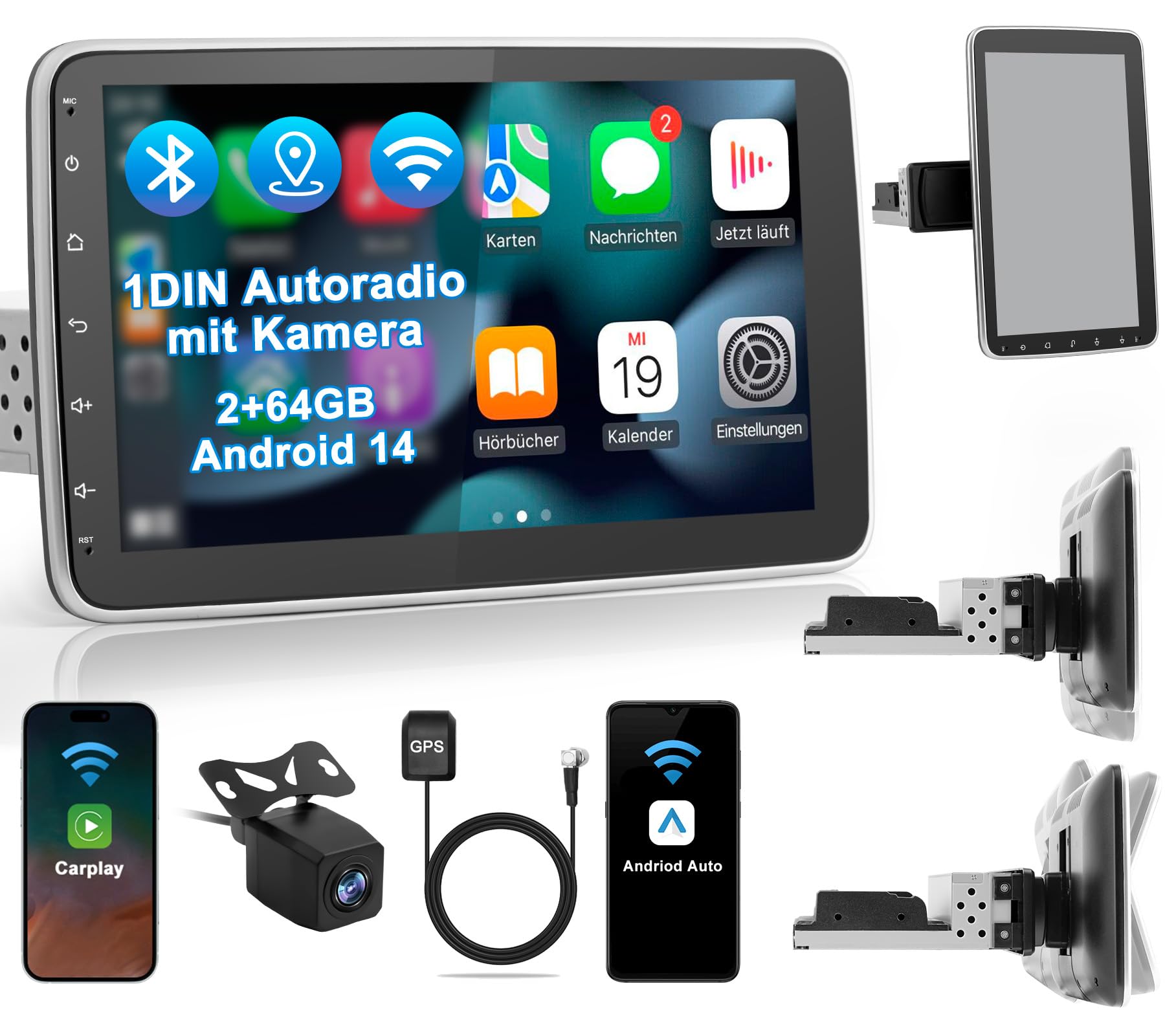 Timzeit Autoradio mit Bildschirm Single DIN Auto Radio mit Navi Bluetooth Wireless CarPlay Android Auto DAB Plus Rückfahrkamera, 1DIN mit 10.1 Zoll drehbar Touchscreen Monitor, 2+64G Android 14